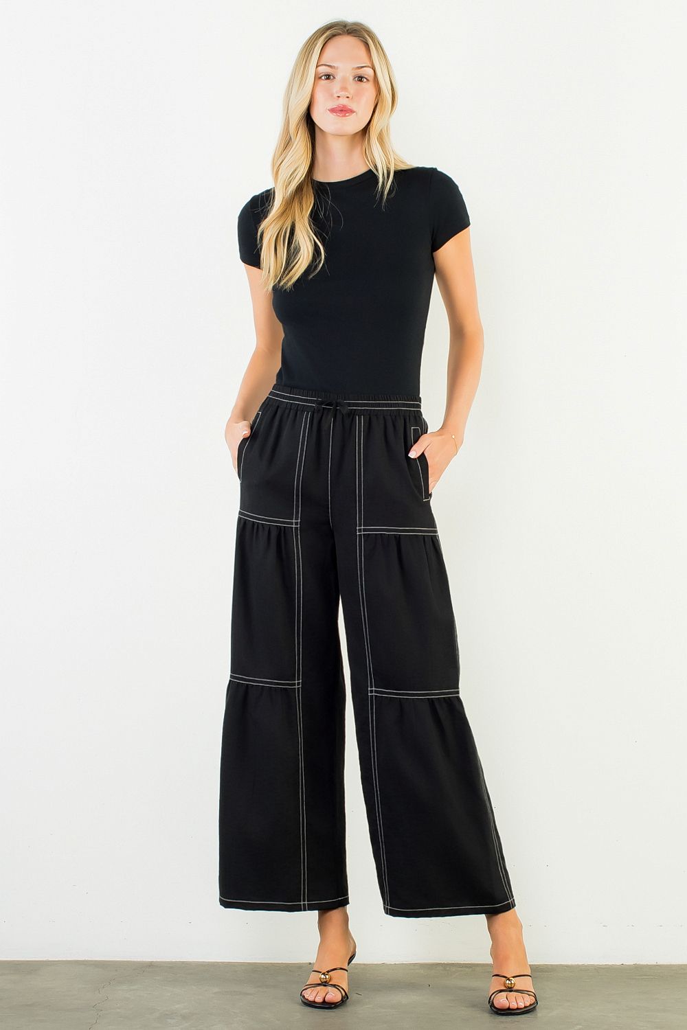 Tie front wide leg pants with contrast stitching