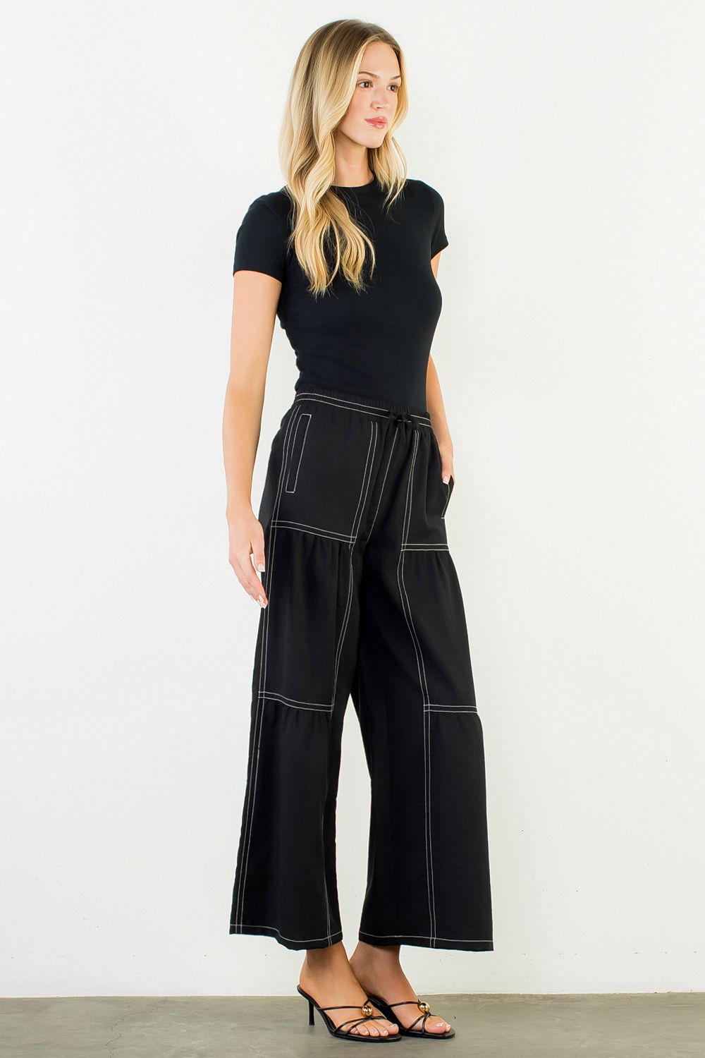 Tie front wide leg pants with contrast stitching — view 4