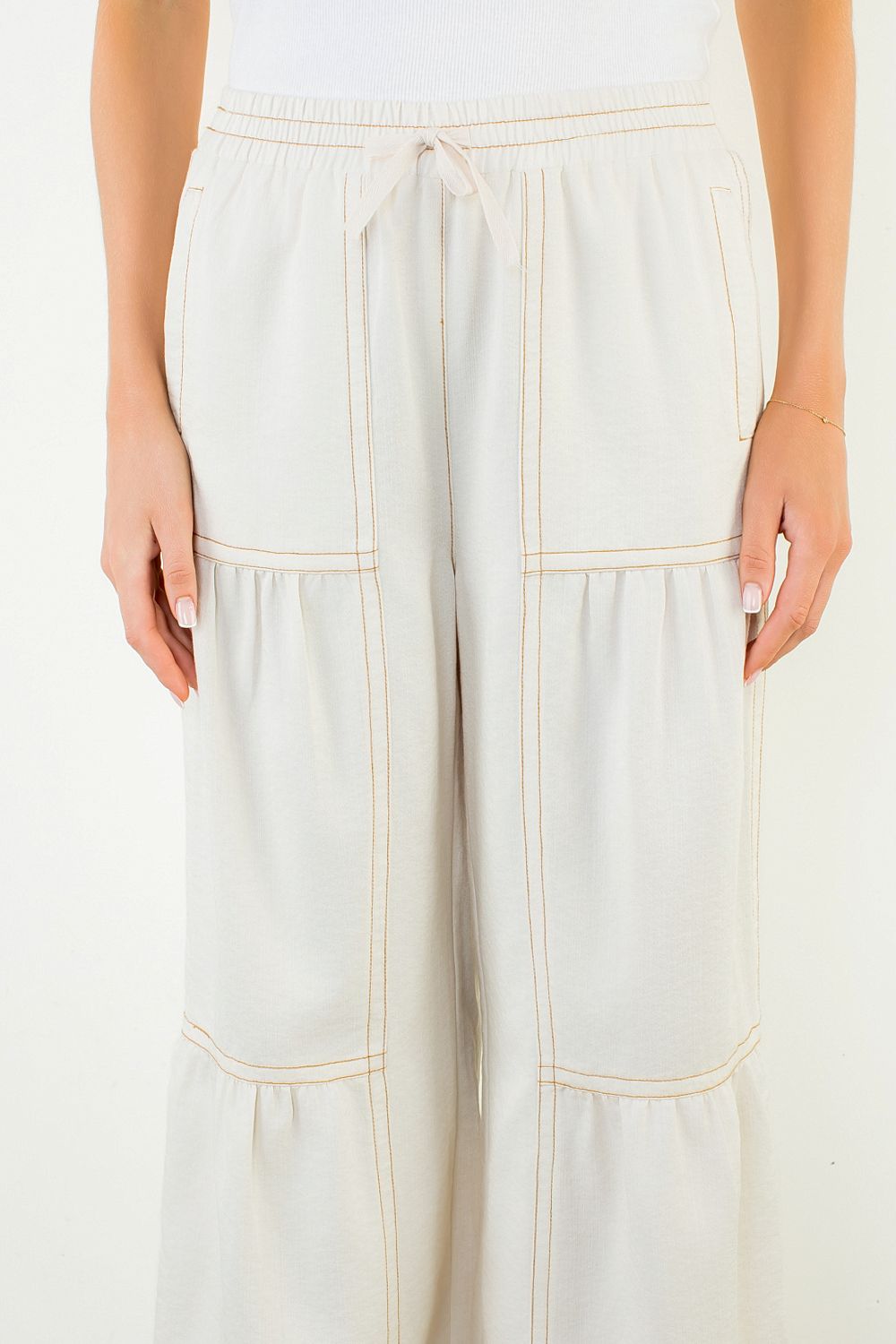 Tie front wide leg pants with contrast stitching — view 6