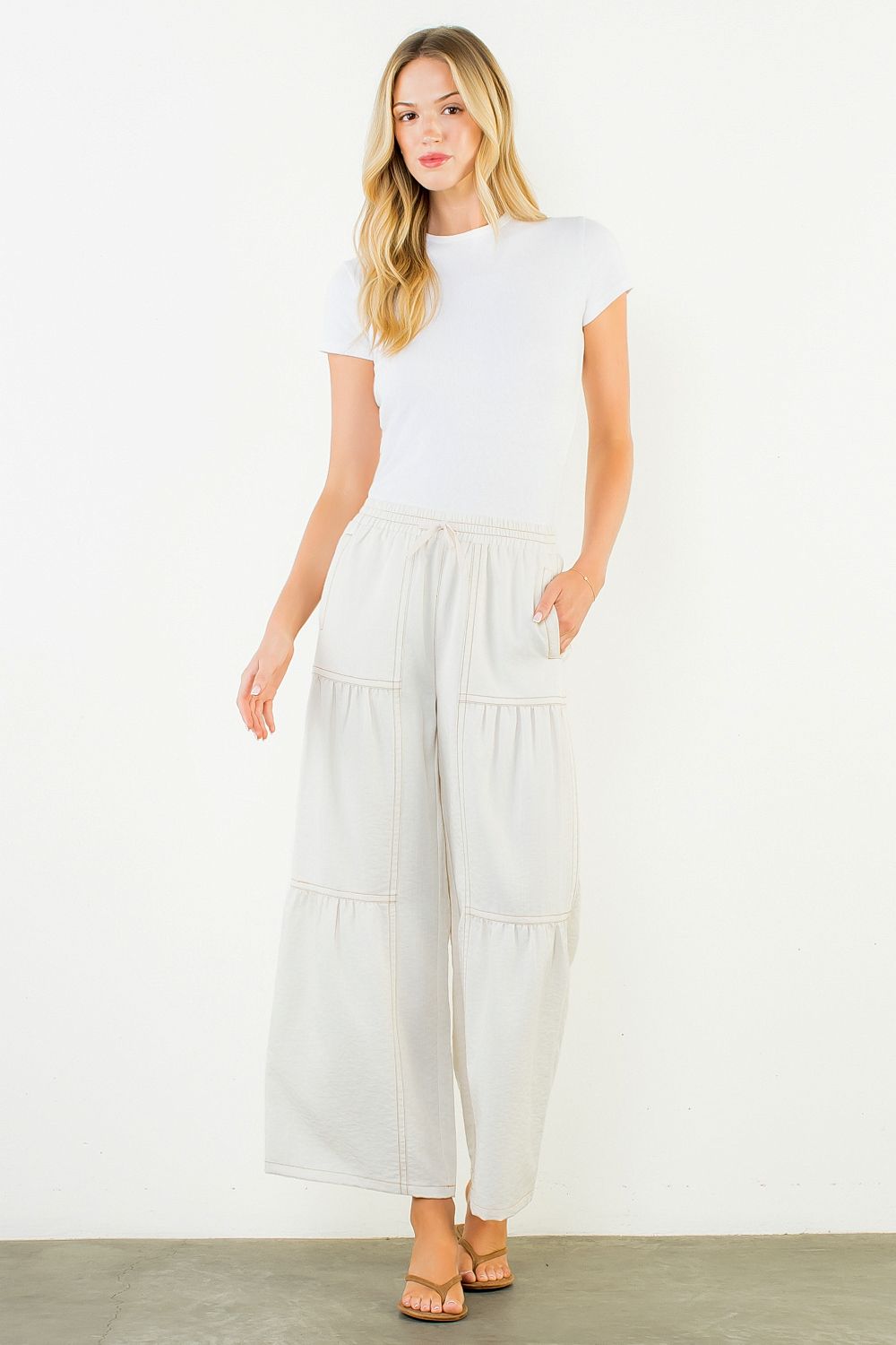 Tie front wide leg pants with contrast stitching — view 7