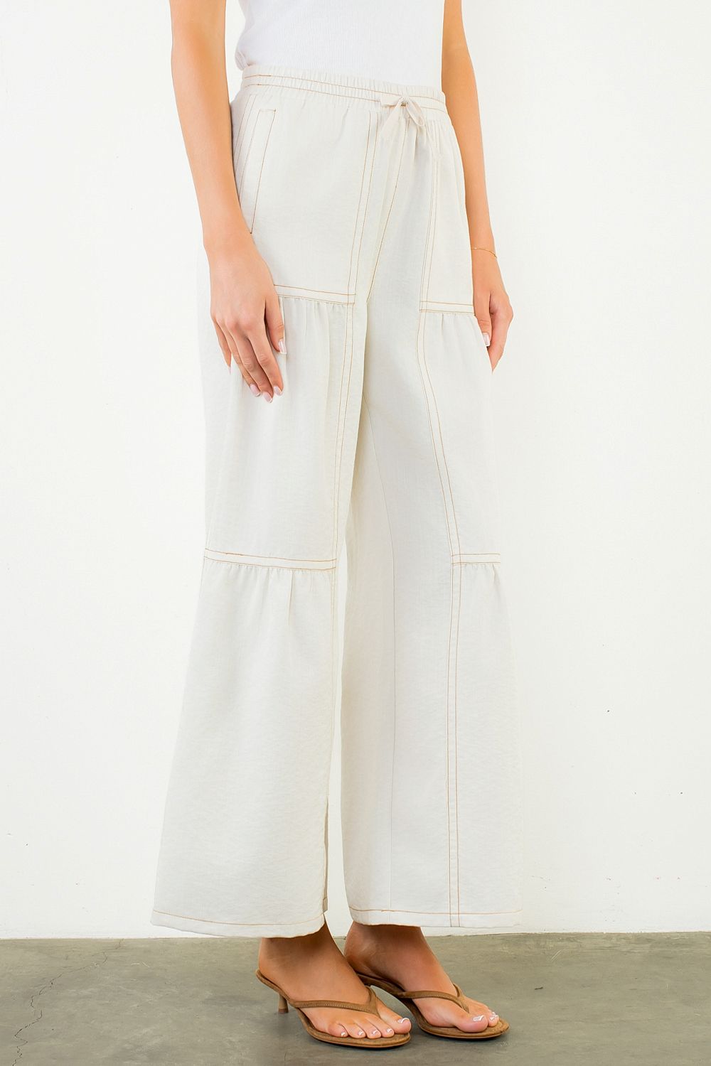 Tie front wide leg pants with contrast stitching — view 5