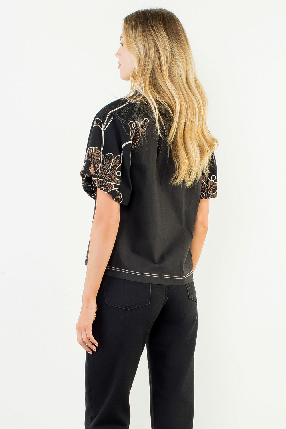 Black Puff Sleeve With Embroidery Detail Top