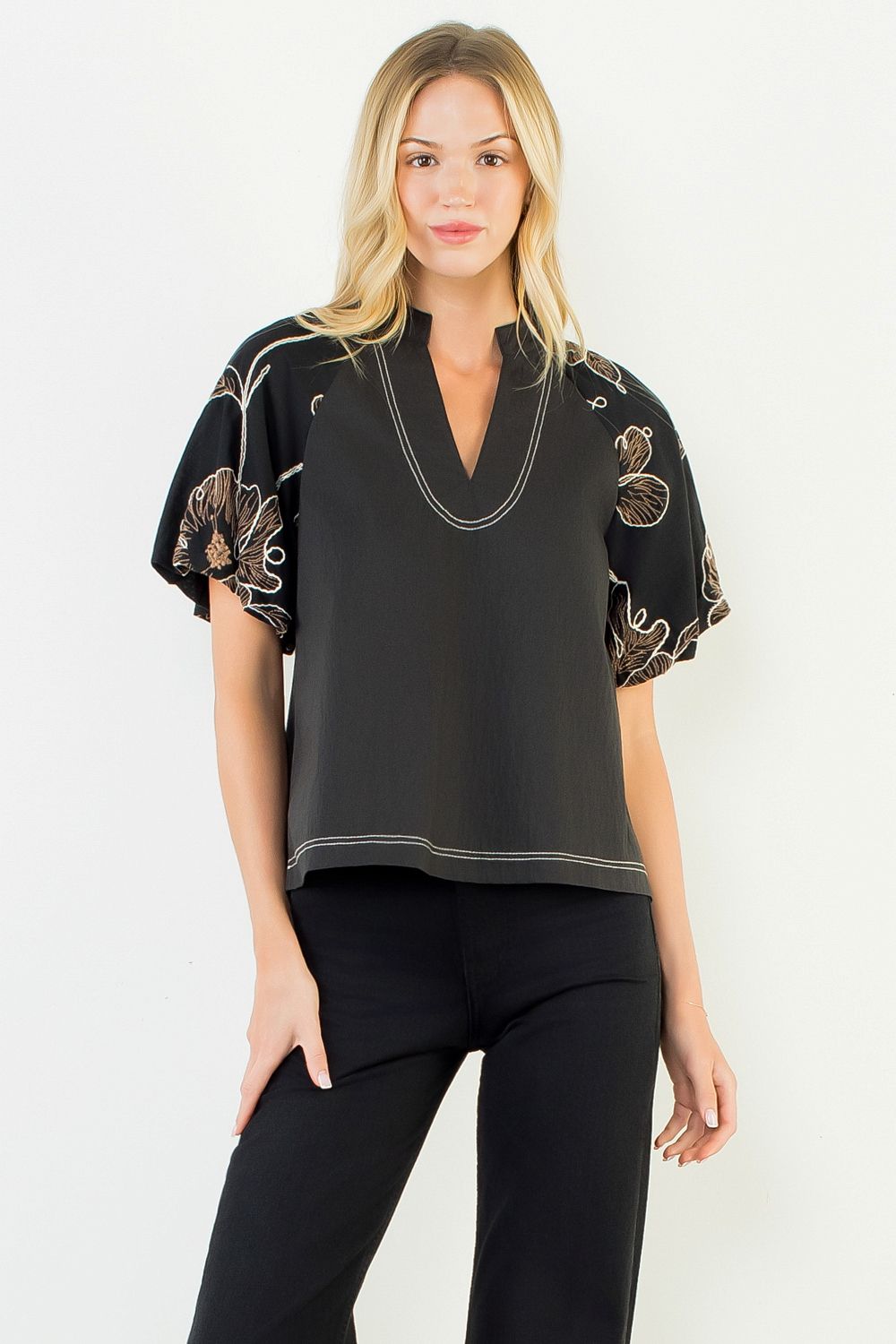 Black Puff Sleeve With Embroidery Detail Top