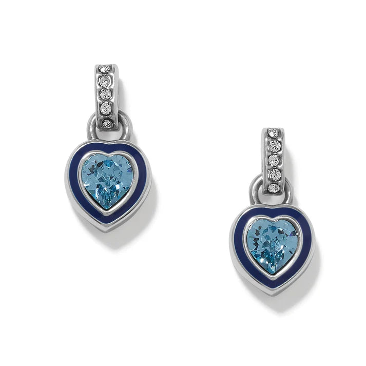 Brighton Halo Gemma petite heart post drop earrings in silver with blue enamel