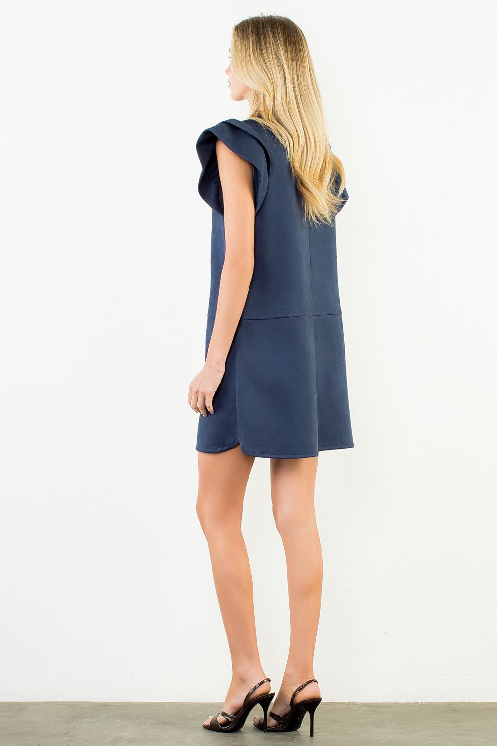 Navy Ruffled Short Sleeve Solid Dress