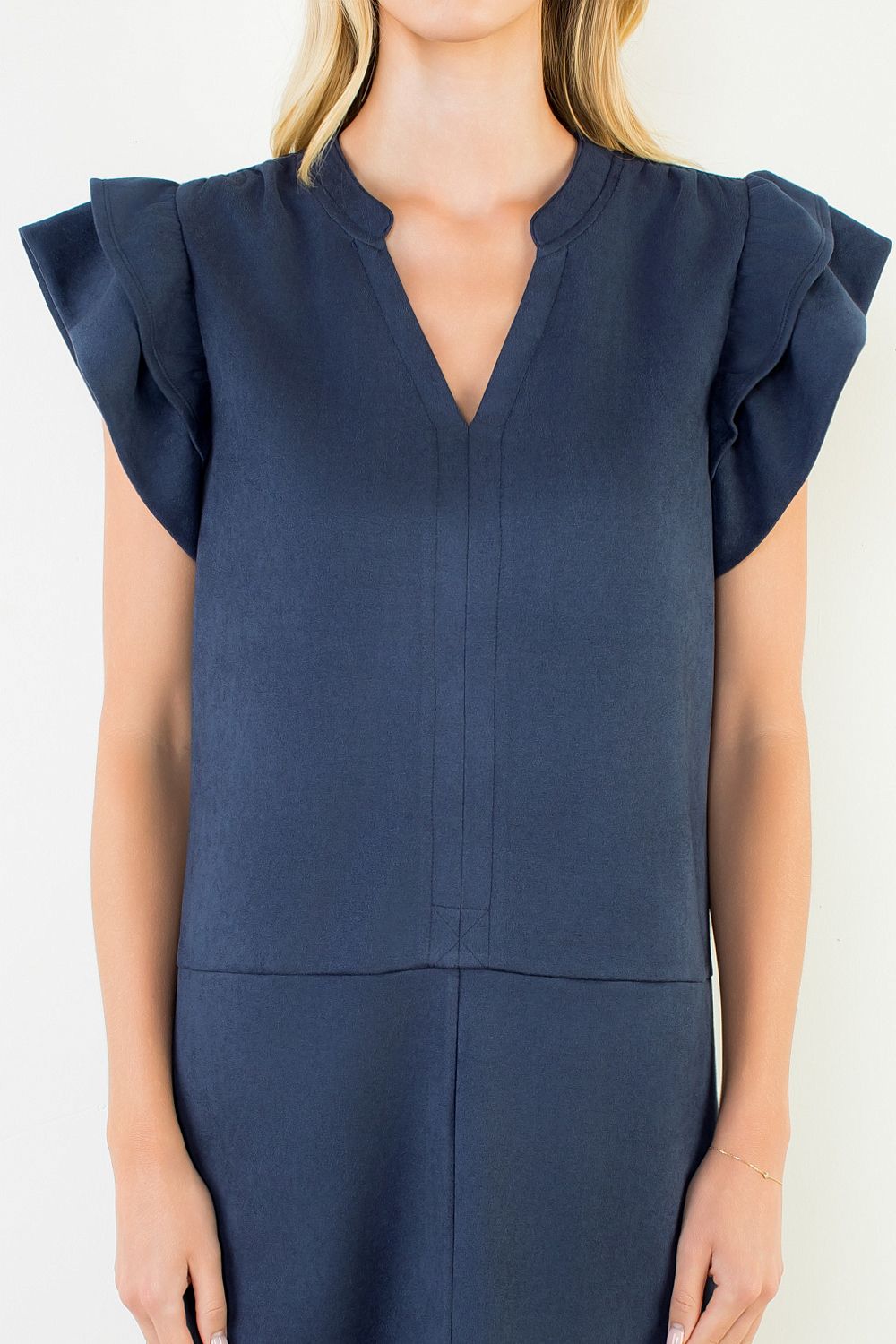 Navy Ruffled Short Sleeve Solid Dress