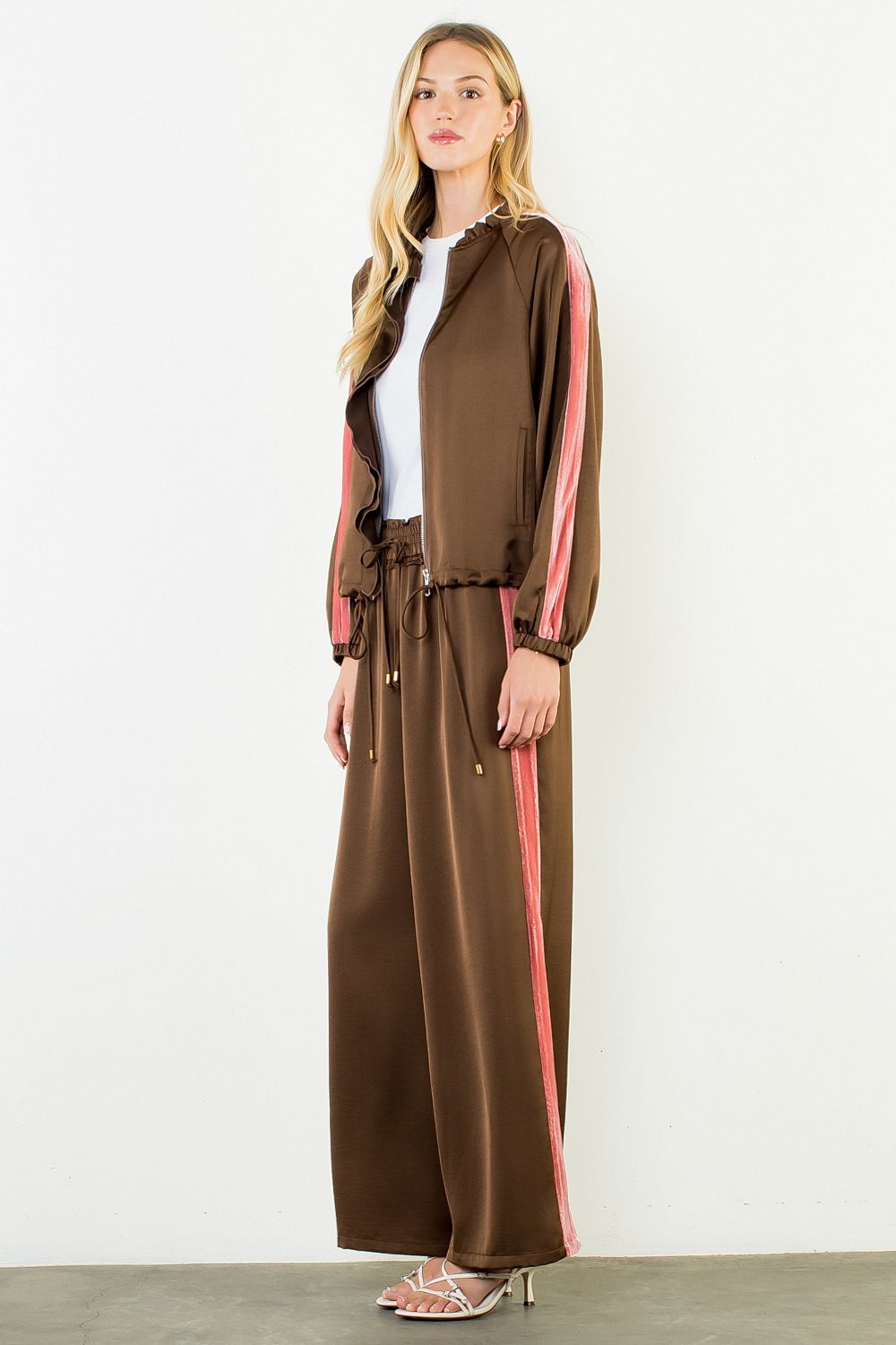 Chocolate Satin Ruffled Pants Suit With Velvet Details