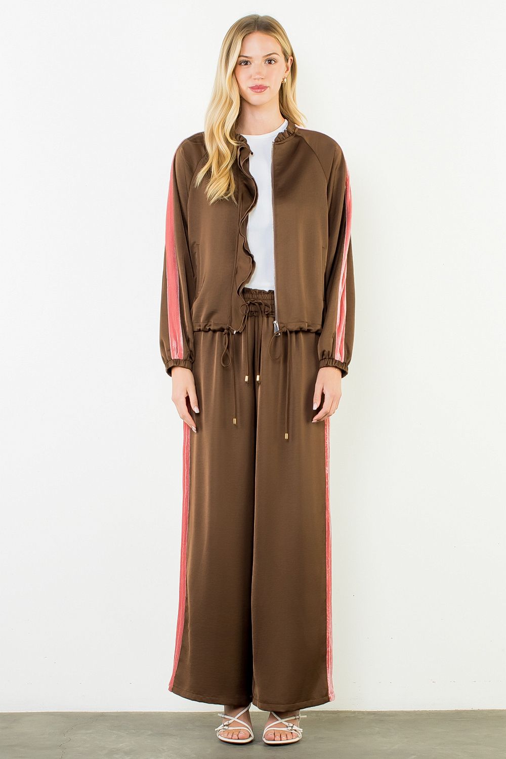 Chocolate Satin Ruffled Pants Suit With Velvet Details