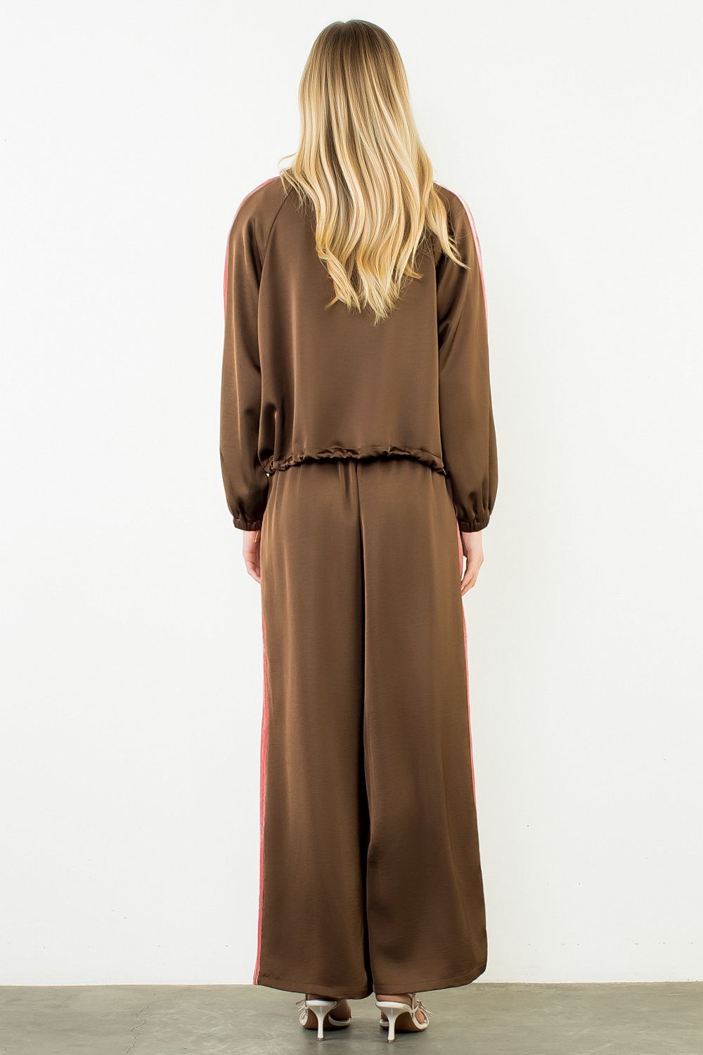 Chocolate Satin Ruffled Pants Suit With Velvet Details