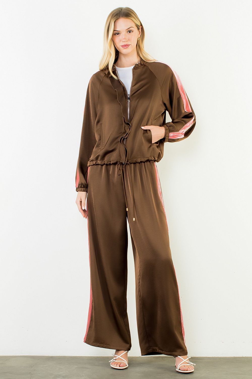 Chocolate Satin Ruffled Pants Suit With Velvet Details