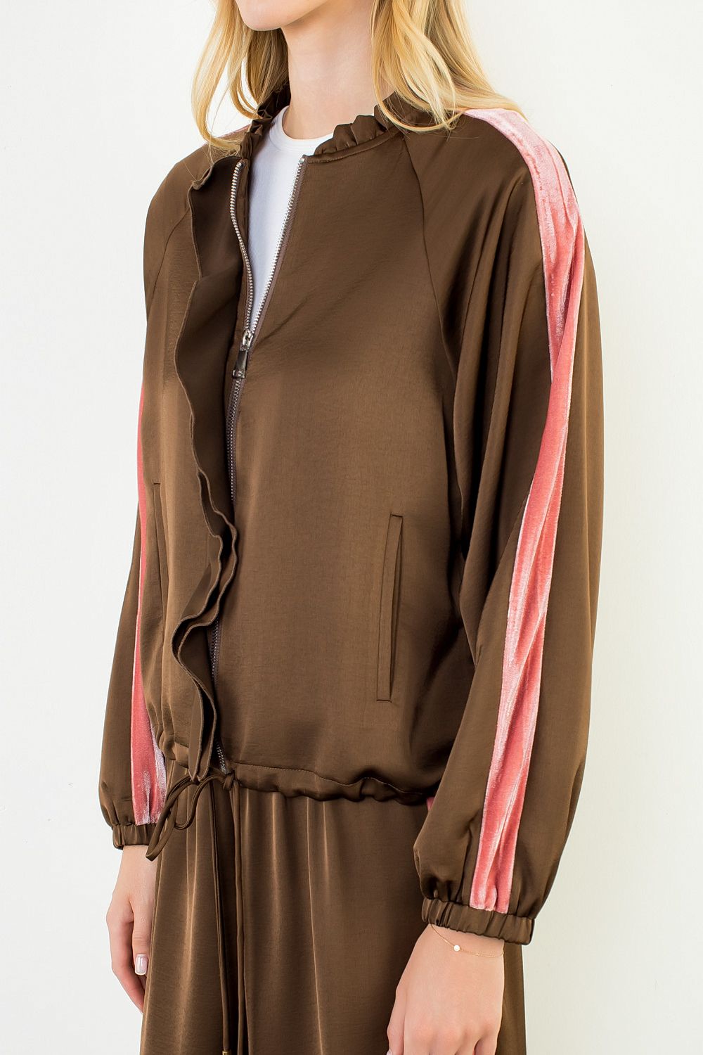 Chocolate Satin Ruffled Pants Suit With Velvet Details