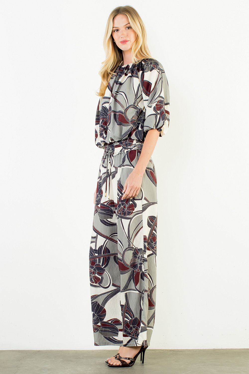 Navy Printed Cinch Waist Pants Set