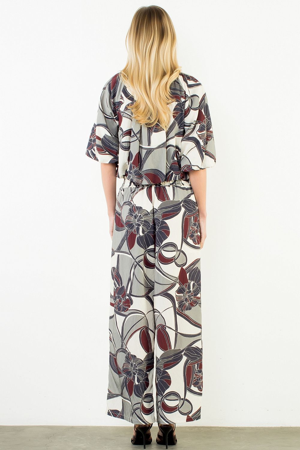 Navy Printed Cinch Waist Pants Set