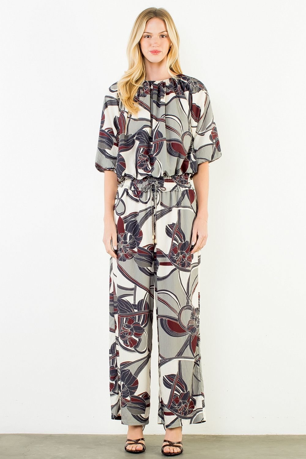 Navy Printed Cinch Waist Pants Set