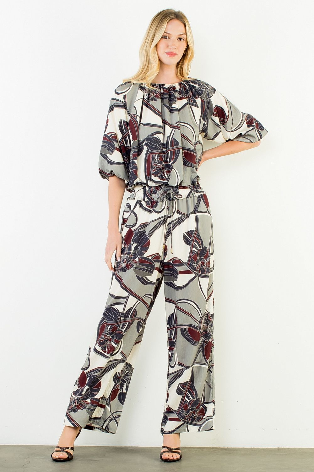 Navy Printed Cinch Waist Pants Set