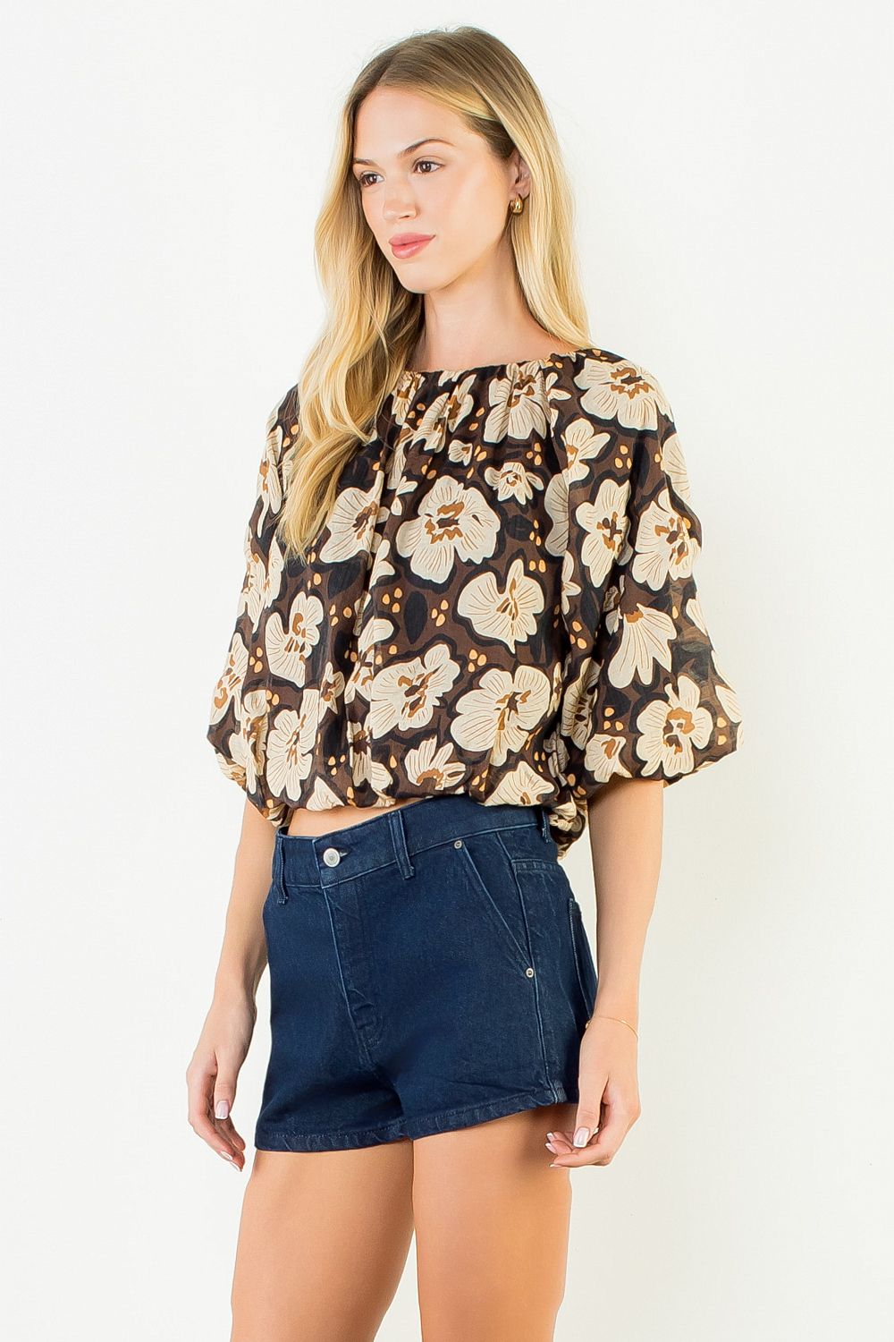 Brown floral print top with a cinched waist, additional view