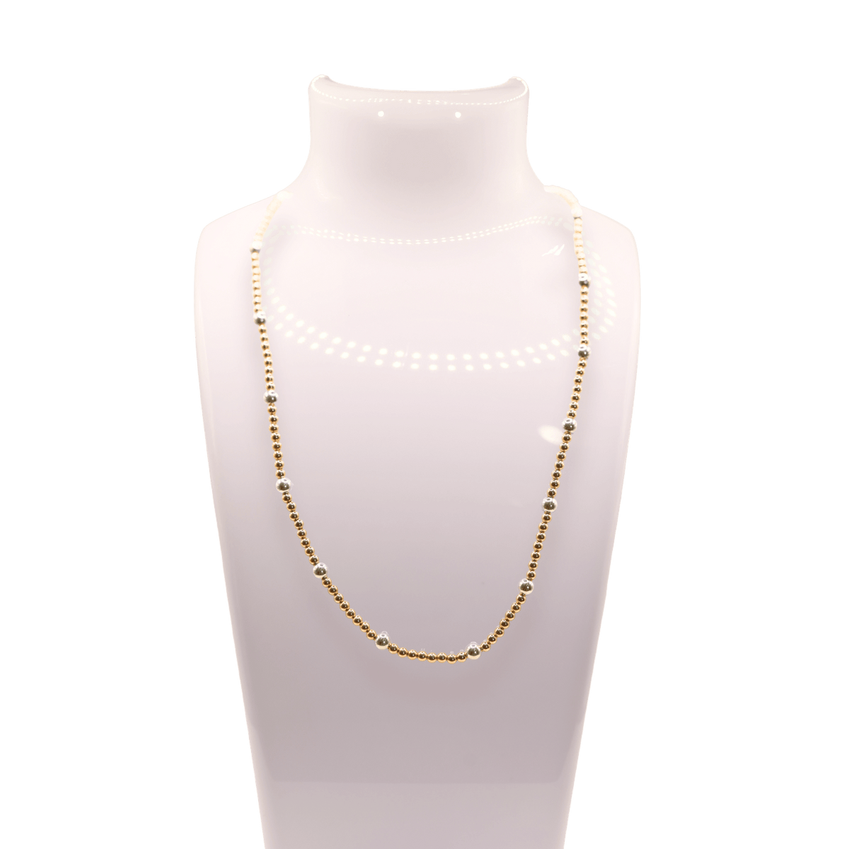 Beaded Blondes Olive necklace mixing 3mm 14K gold-filled and 5mm sterling silver beads
