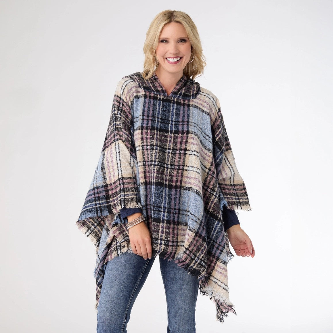 Hooded Poncho-Sky Blue/Blk/Natural