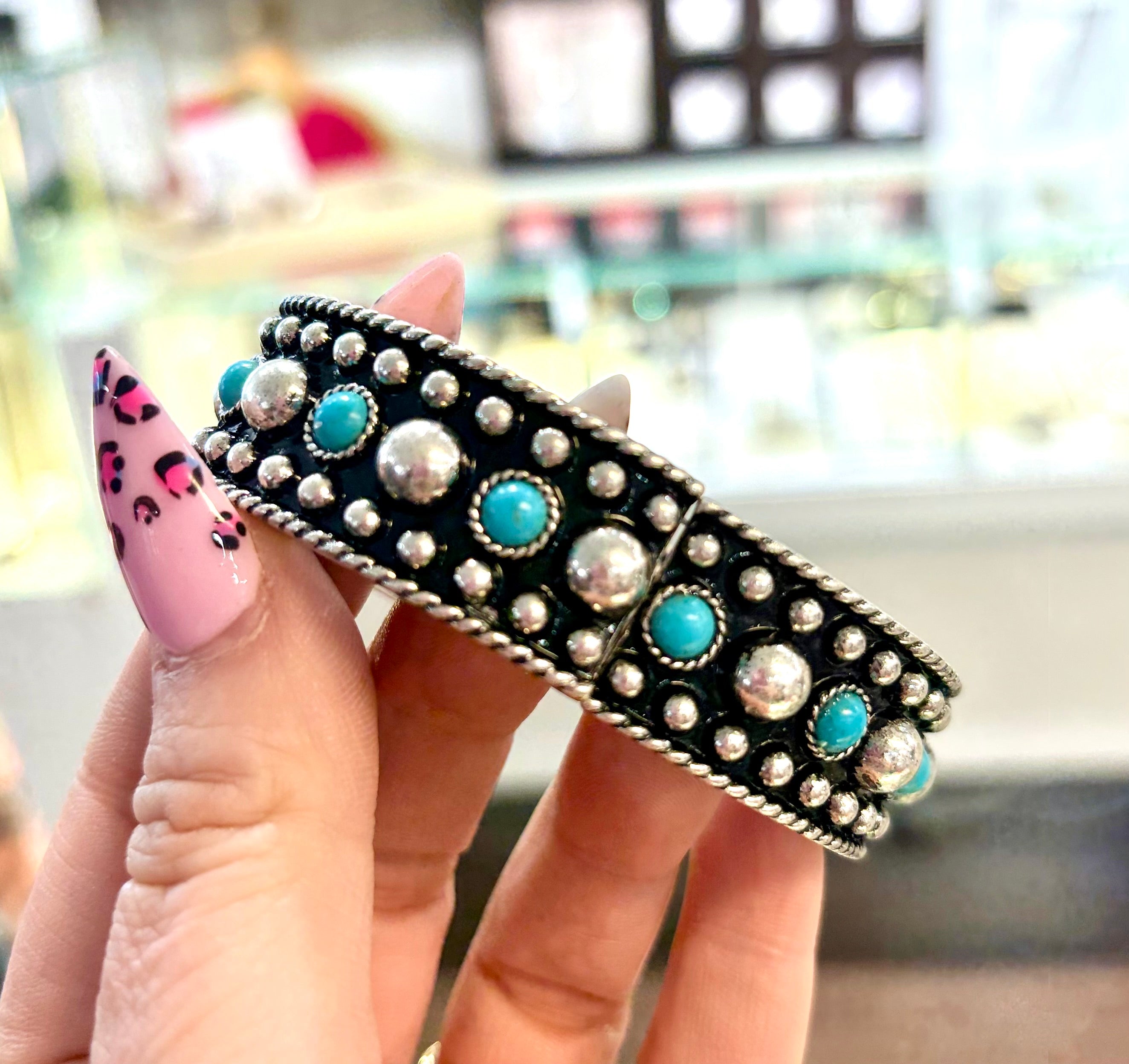 Faux Oxidized Silver Turquoise Stretch Bracelet