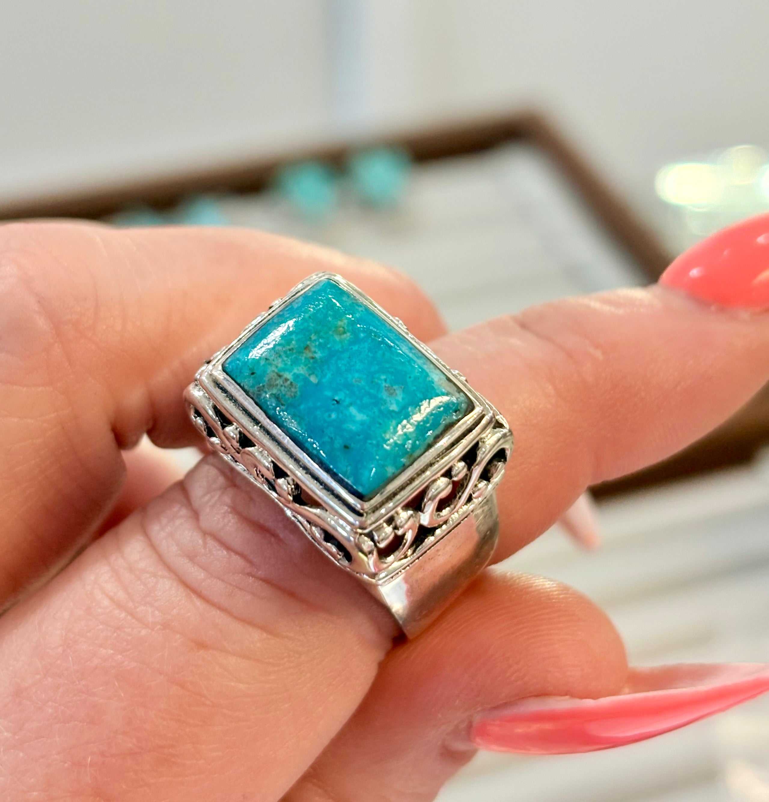 Turquoise Rectangle Filigree Ring