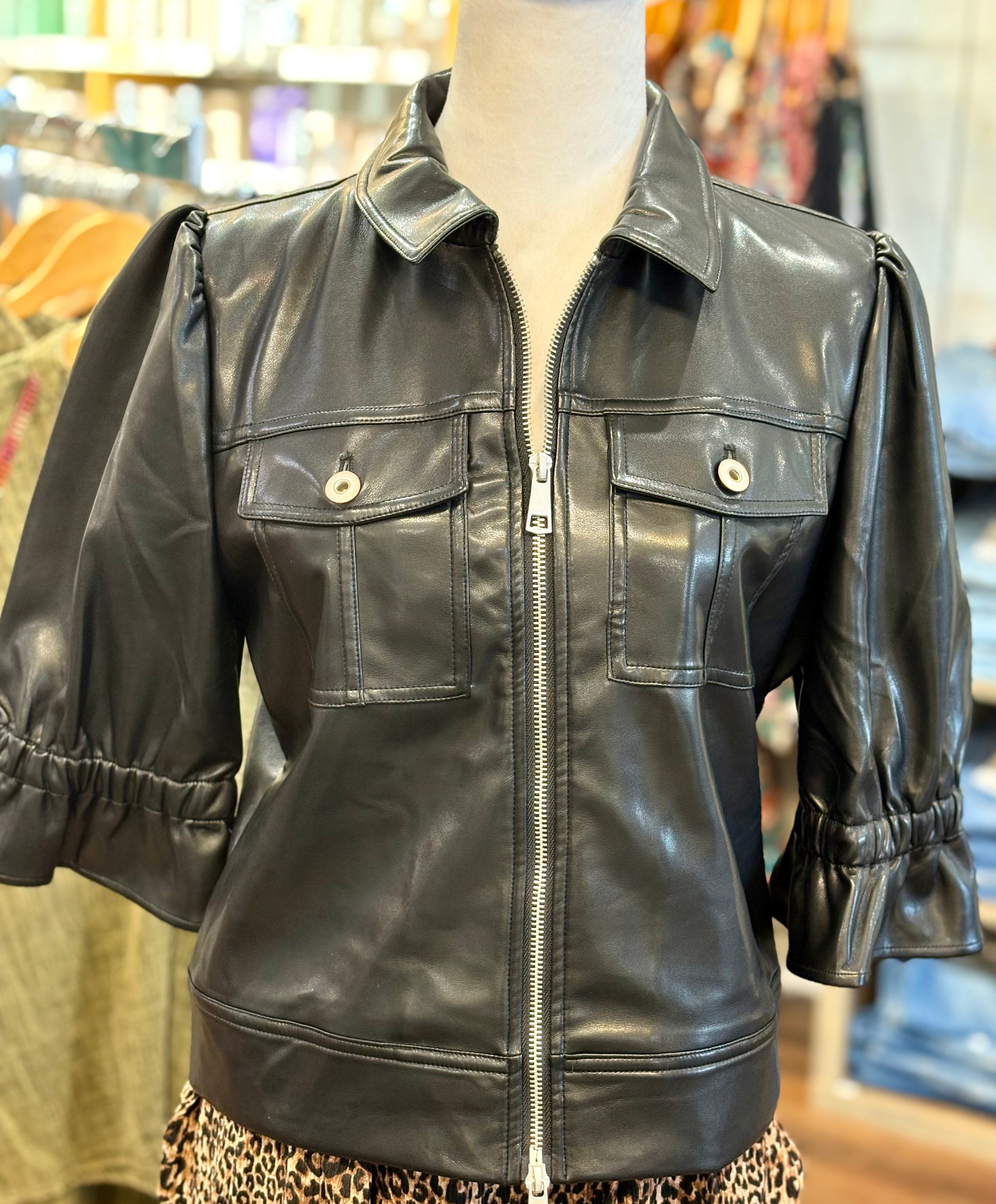 Boho Chic Vegan Leather Zip Front Jacket - Black