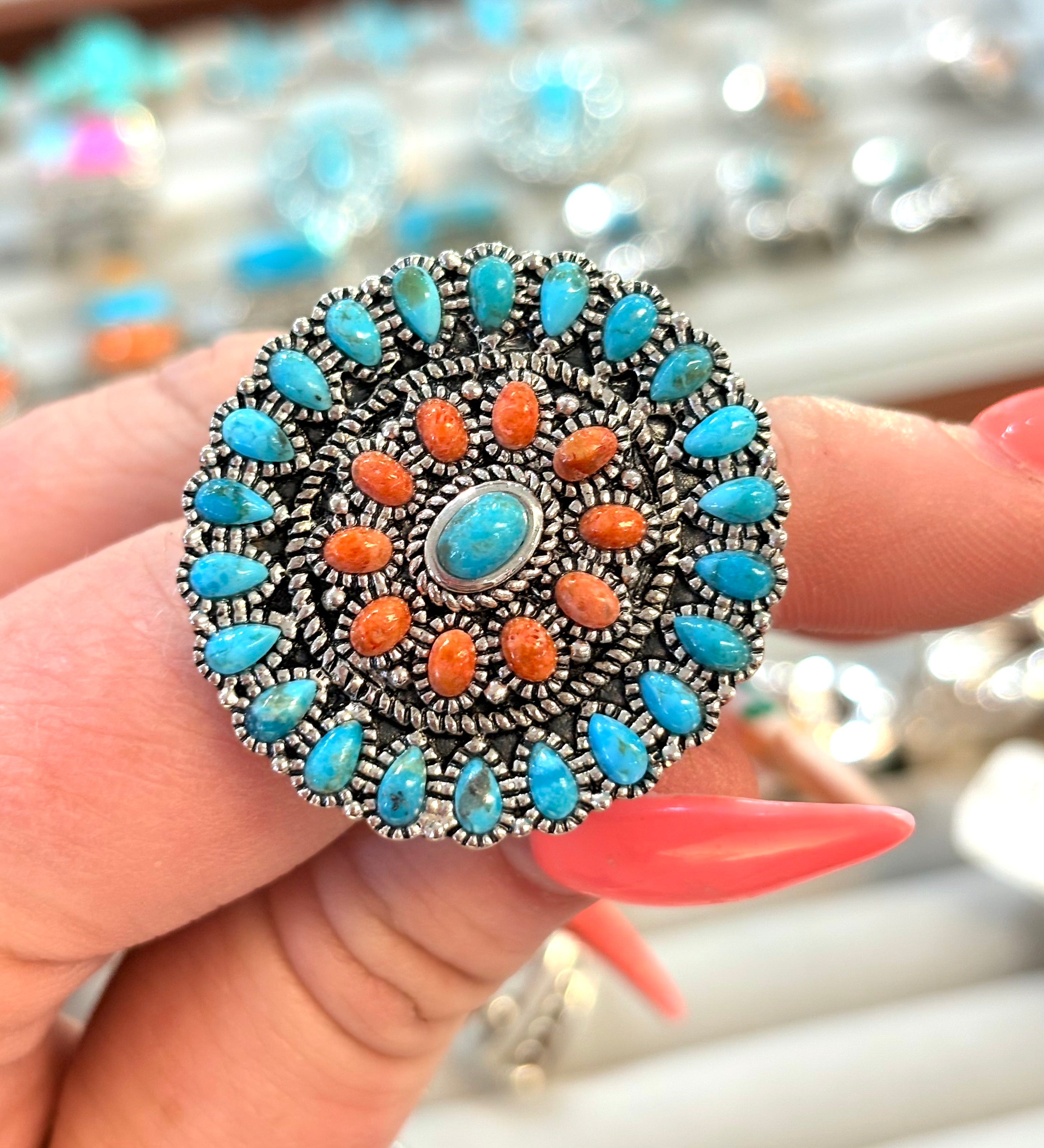 Turquoise & Sponge Coral Round Ring