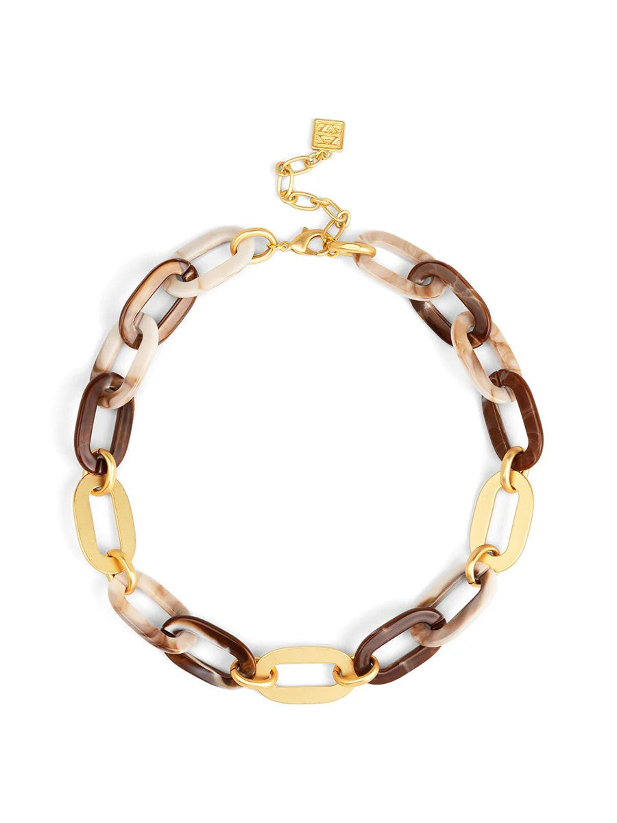 Marbled Beige Resin & Gold Lk Short Necklace