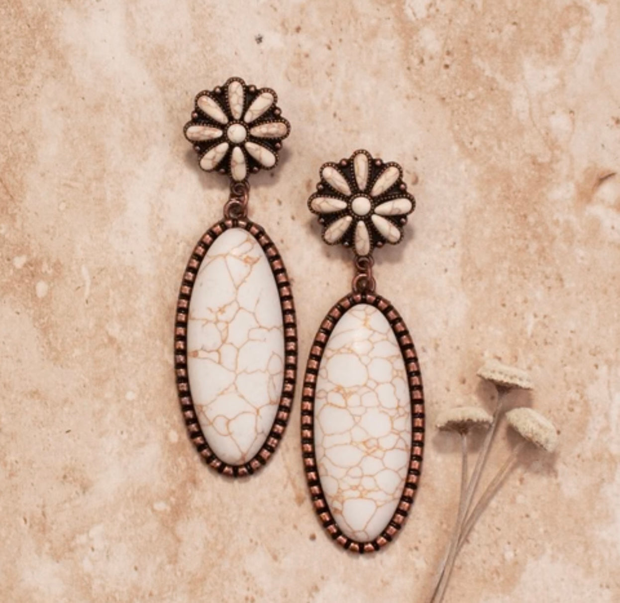 White Buffalo Oval Squash Blossom Post Earrings