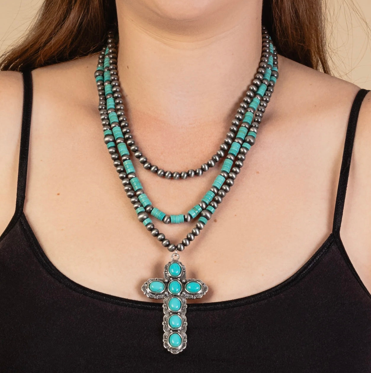 Turquoise Beaded Cross Necklace