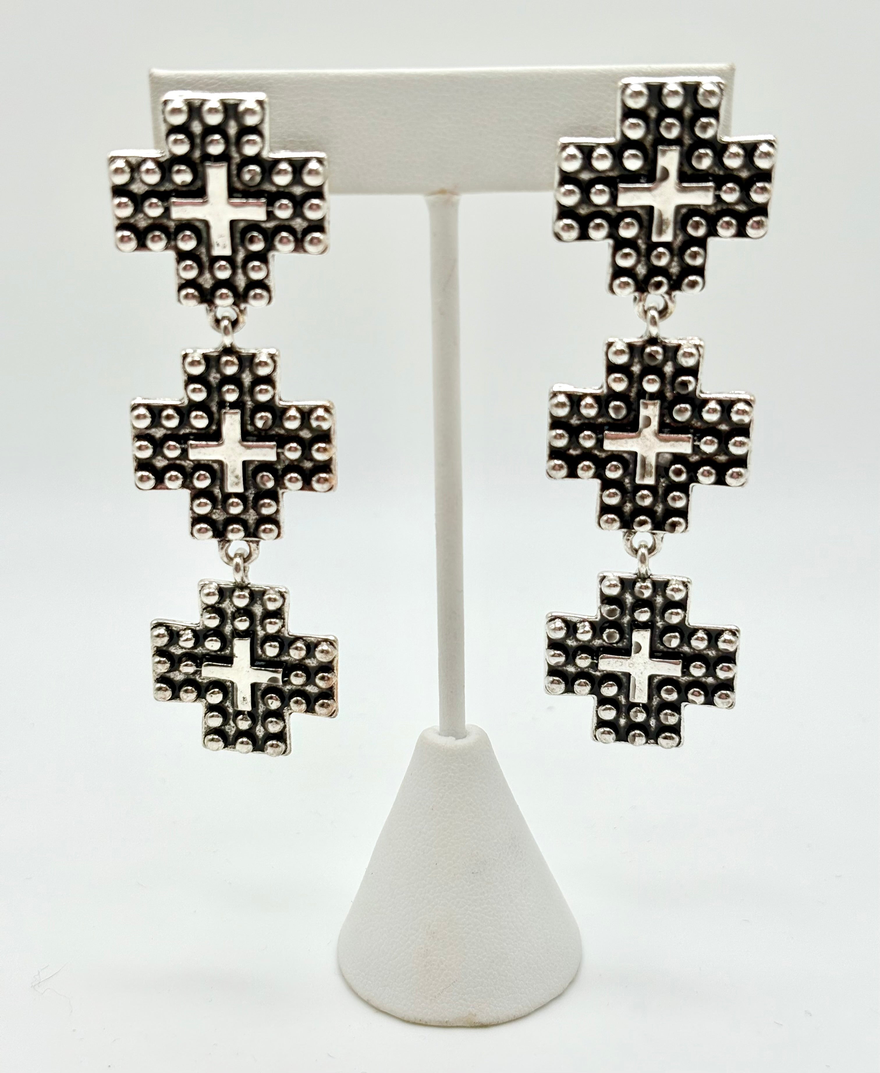 Studded Silver Cross Drop Earrings