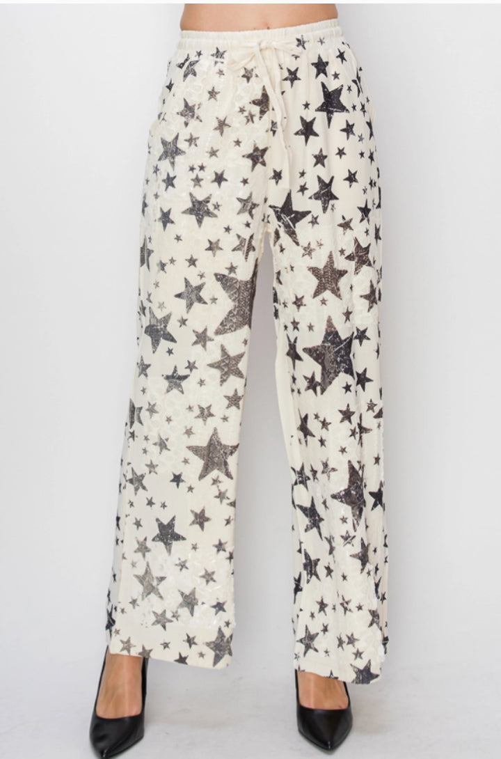 Relaxed Lace Patchwork Star Pants with Elastic Drawstring