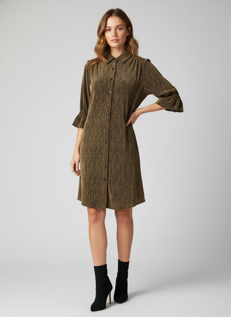 Boho Chic Gold Metallic Button Front Shirt Dress