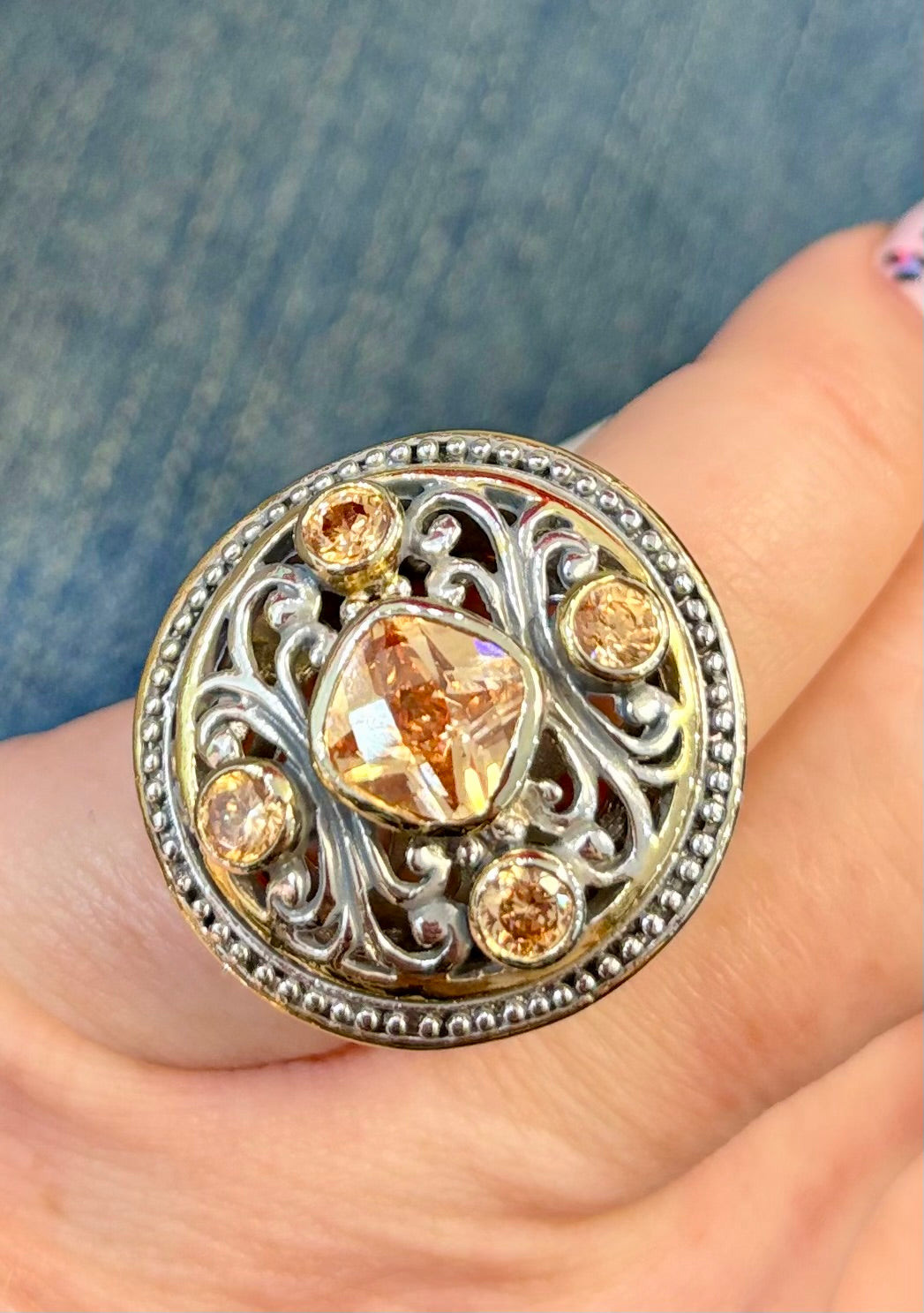 Dual Tone Round Filigree Champagne Crystal Ring