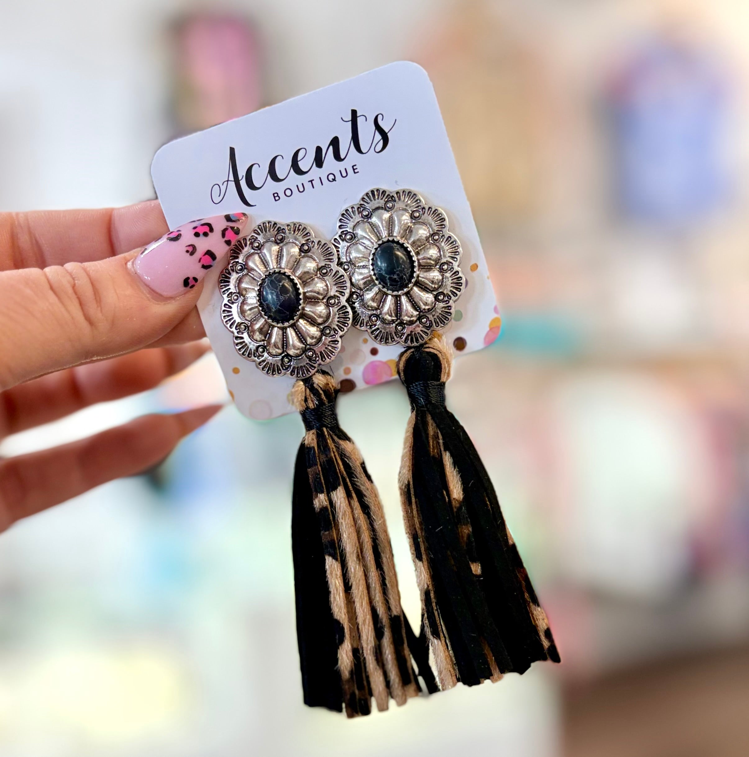 Concho Leopard Hide Tassel Earrings