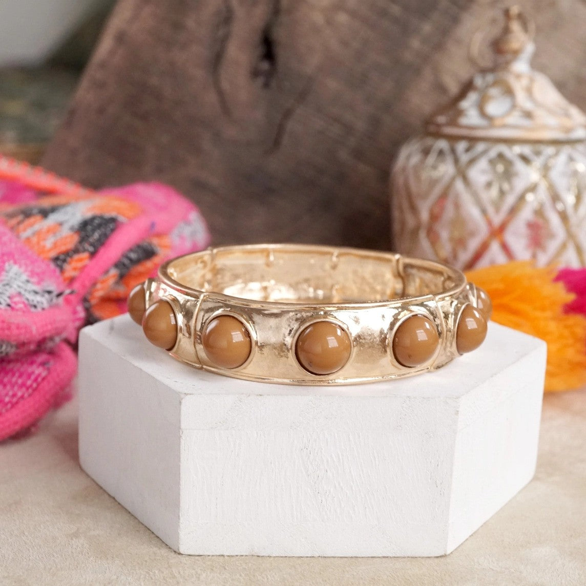 Brown Eternity Statement Bangle Gold Tone