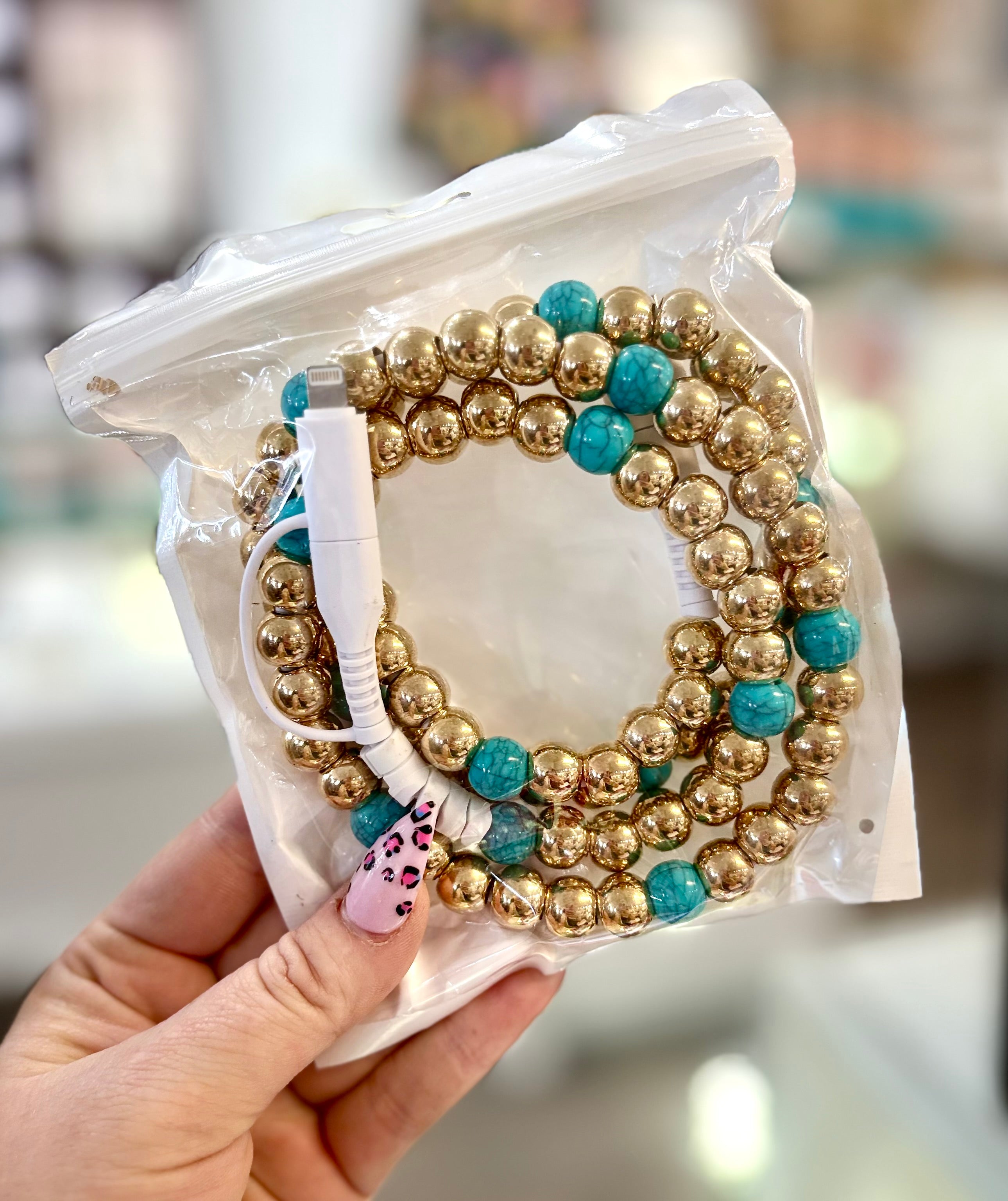 4-in-1 Gold & Turquoise Beaded Charging Cable