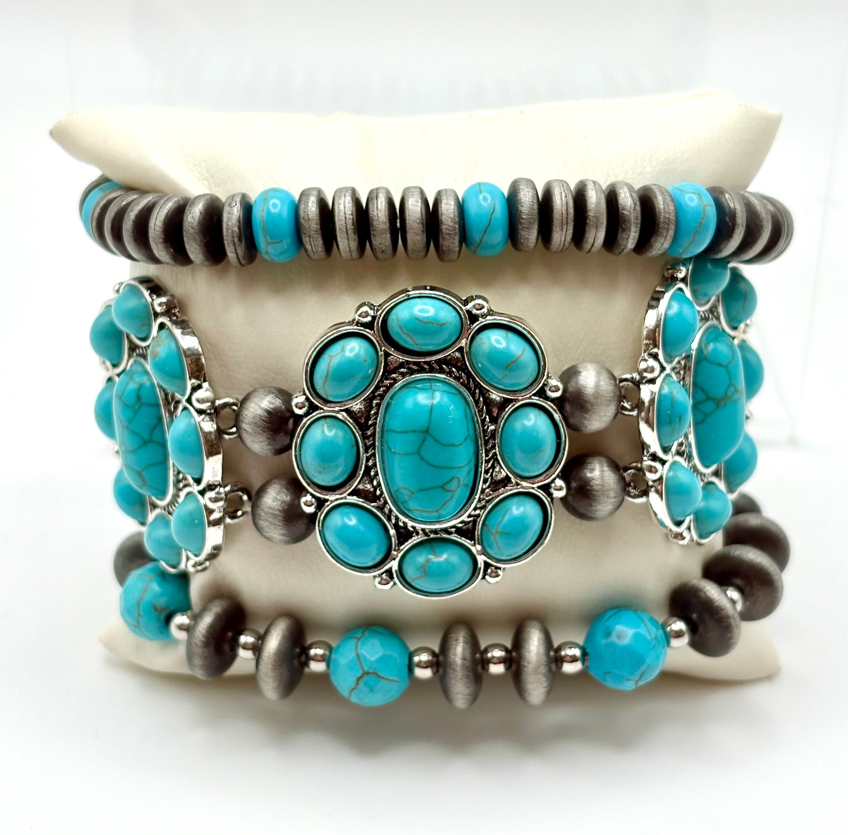 Turquoise Stone Cluster Concho Bracelet Stack