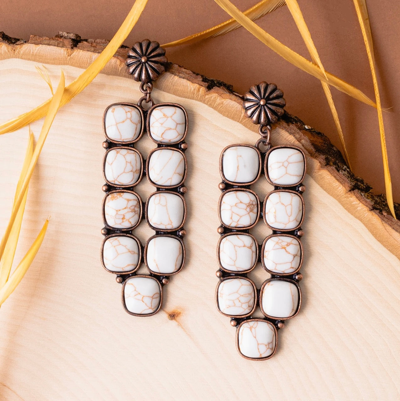 White Buffalo Stone Cluster Drop Earrings