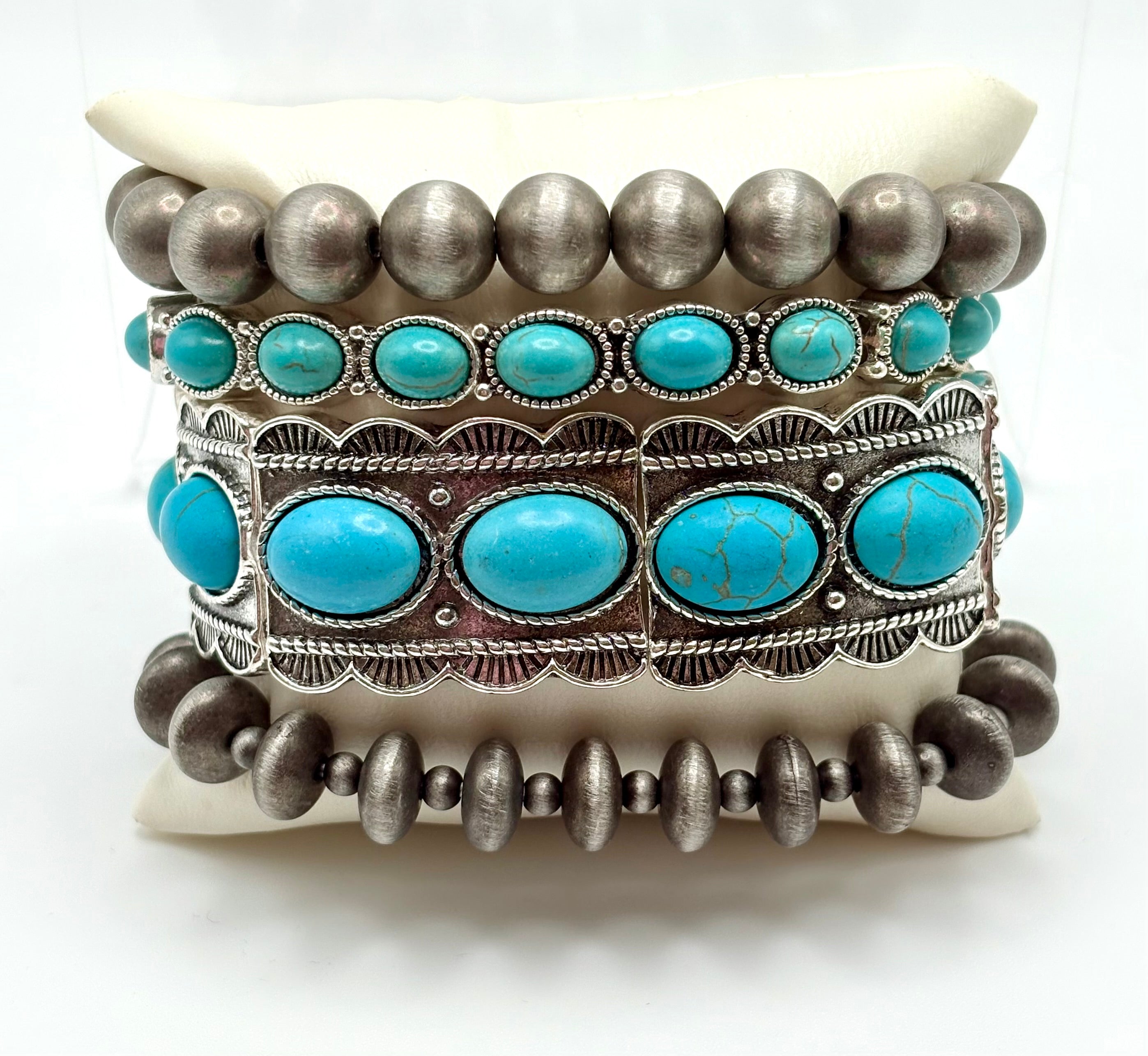 Faux Silver Turquoise Cabochon Stretch Bracelet Set