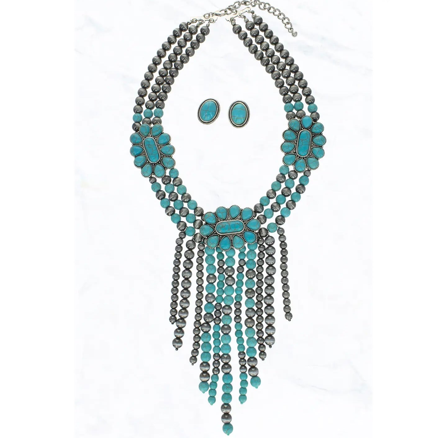 Western Navajo Pearl Fringe Necklace Earring Set
