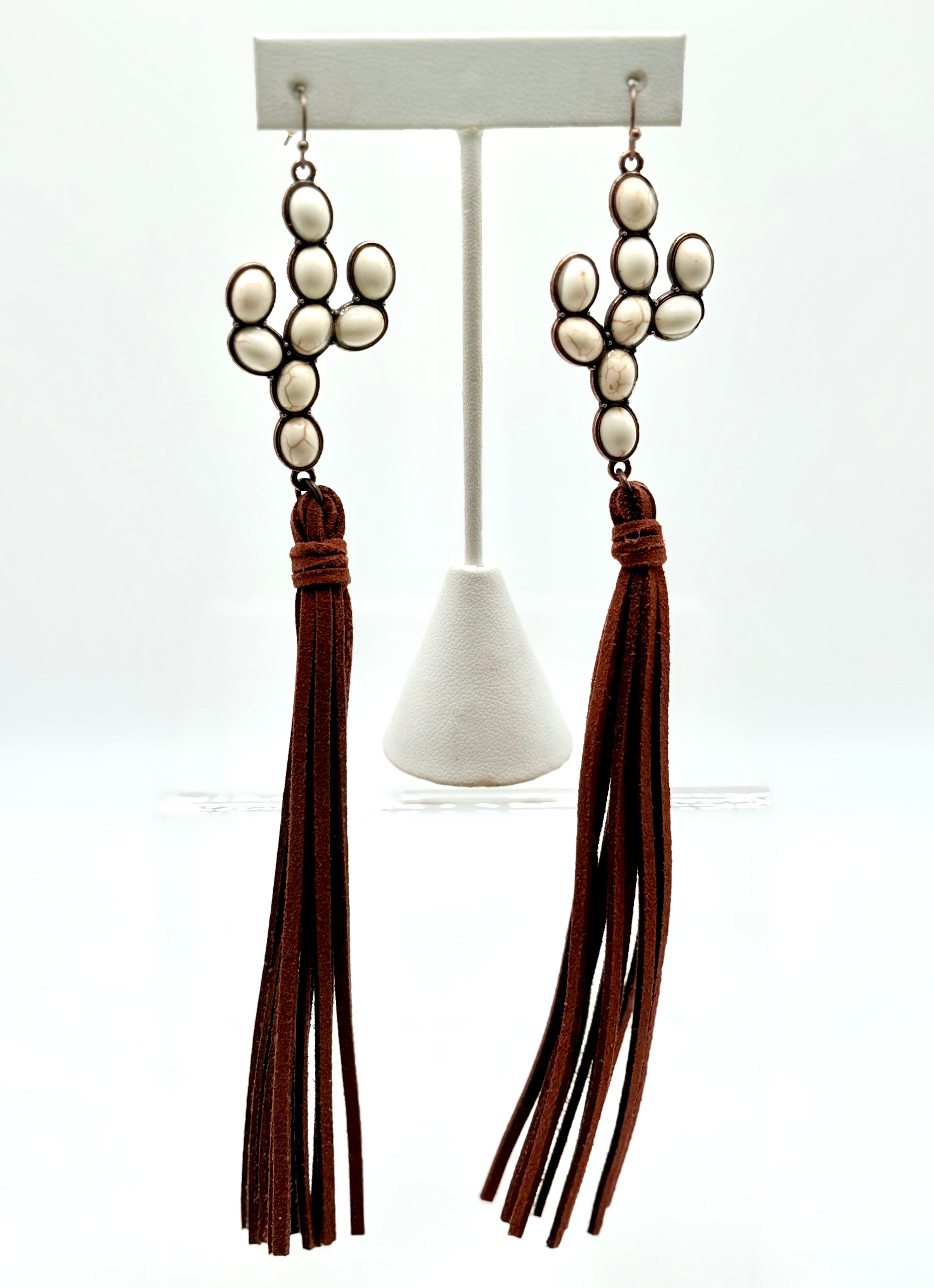 White Buffalo Cactus Leather Tassel Earrings