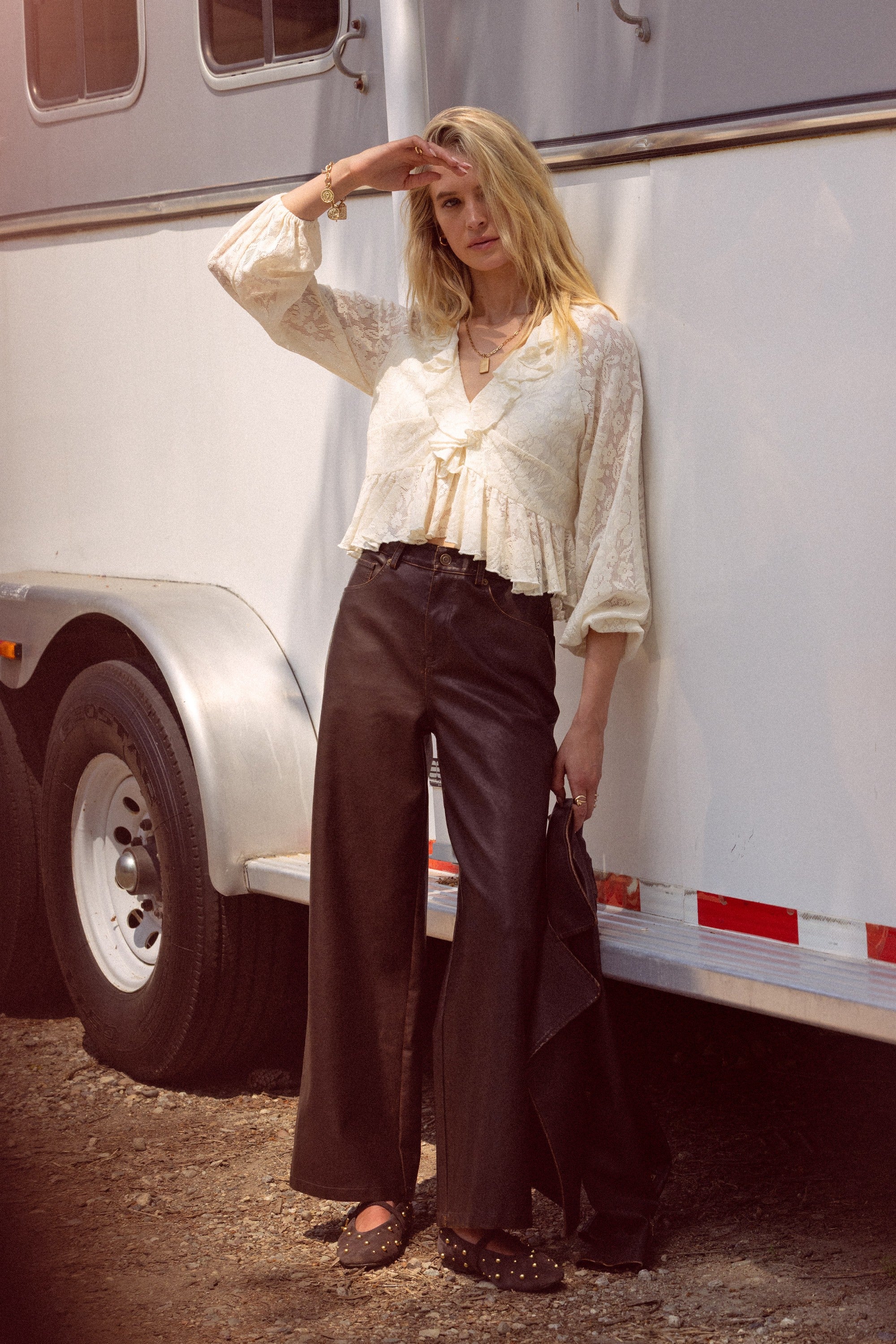 Brown Distressed Faux Leather Pants