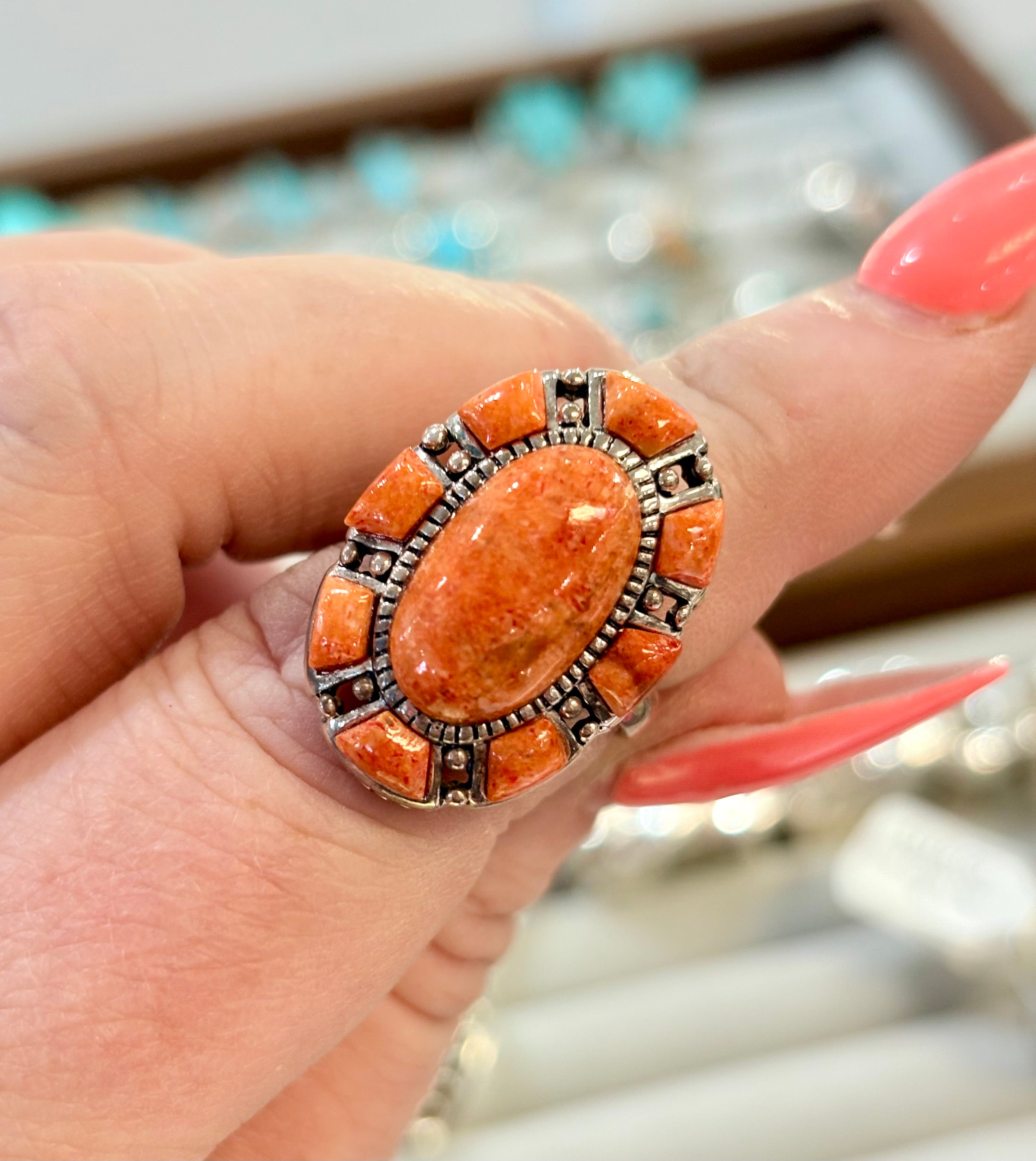 Large Oval Sponge Coral Multi Stone Ring