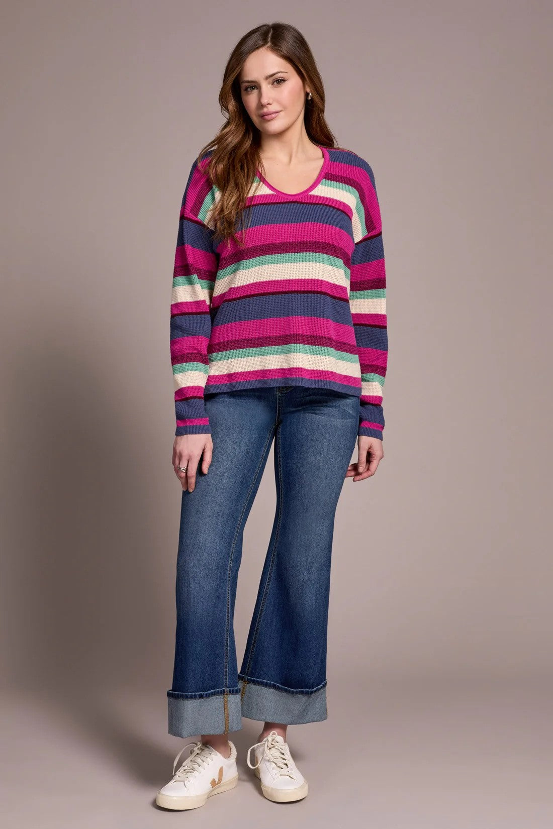 Pink Flambe Striped Combed Cotton U-Neck Waffle Sweater