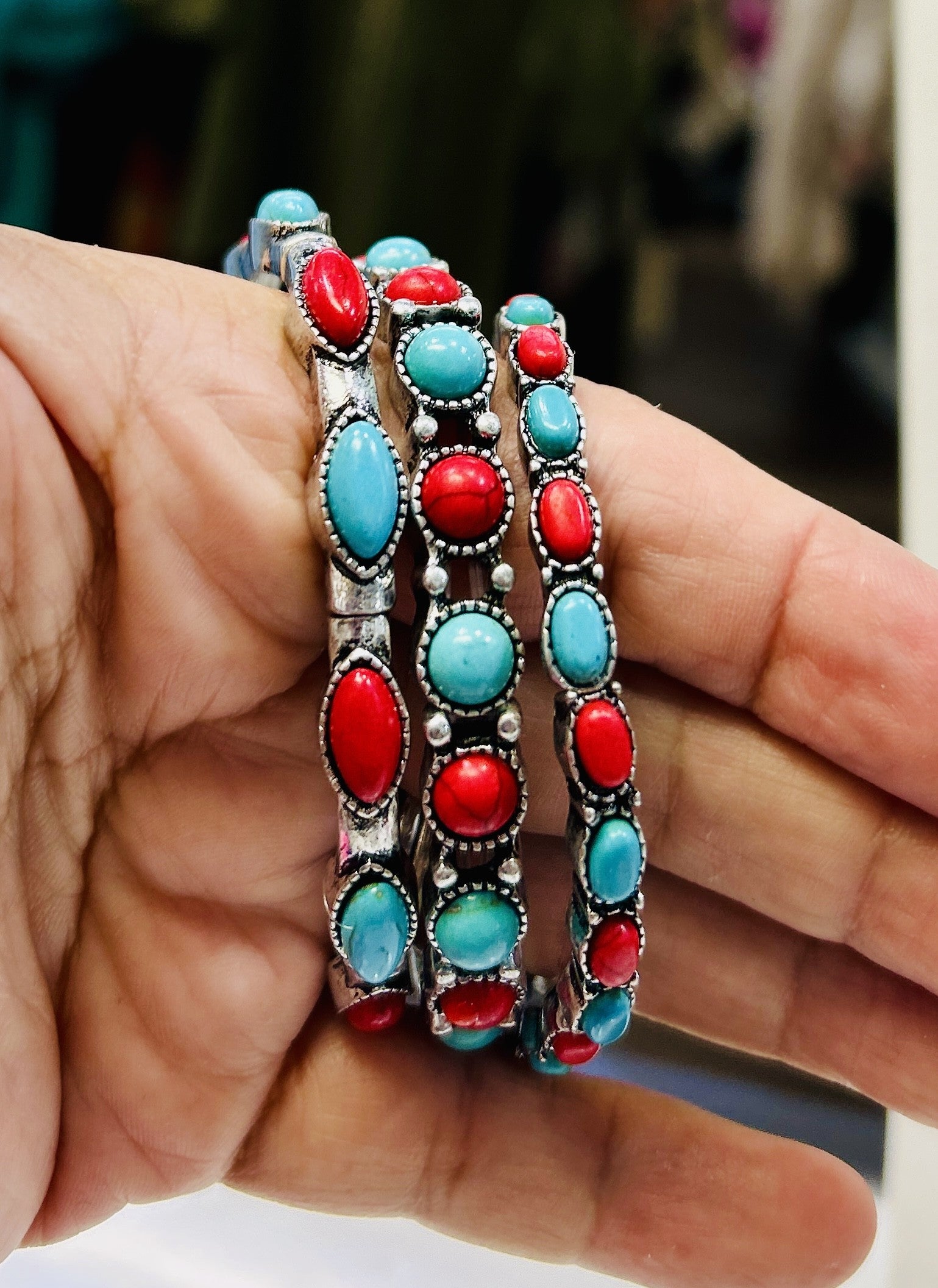 Turquiose & Red Stretch Bracelet Set
