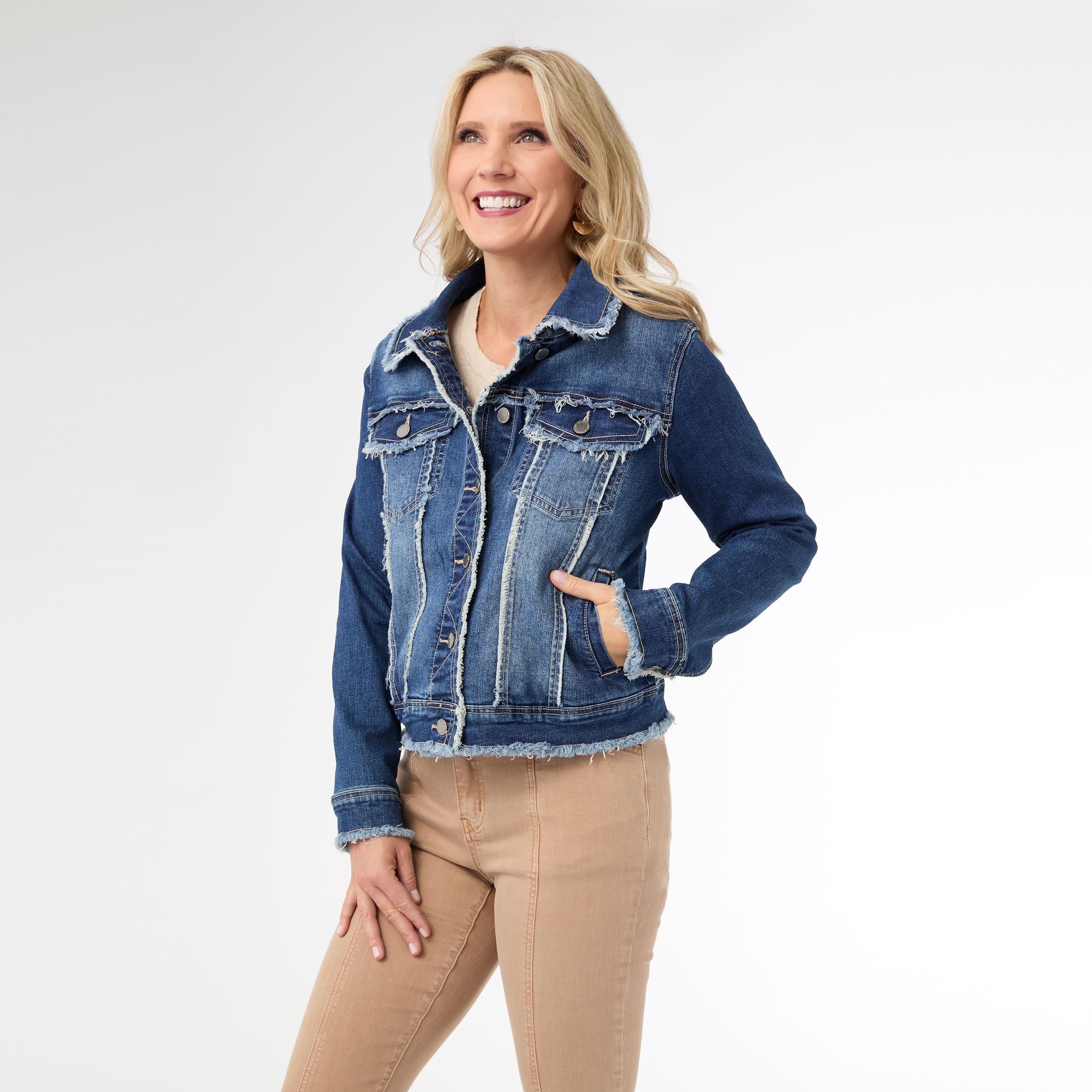 Bambu Soft Denim Jacket w/fringe - Dk Denim