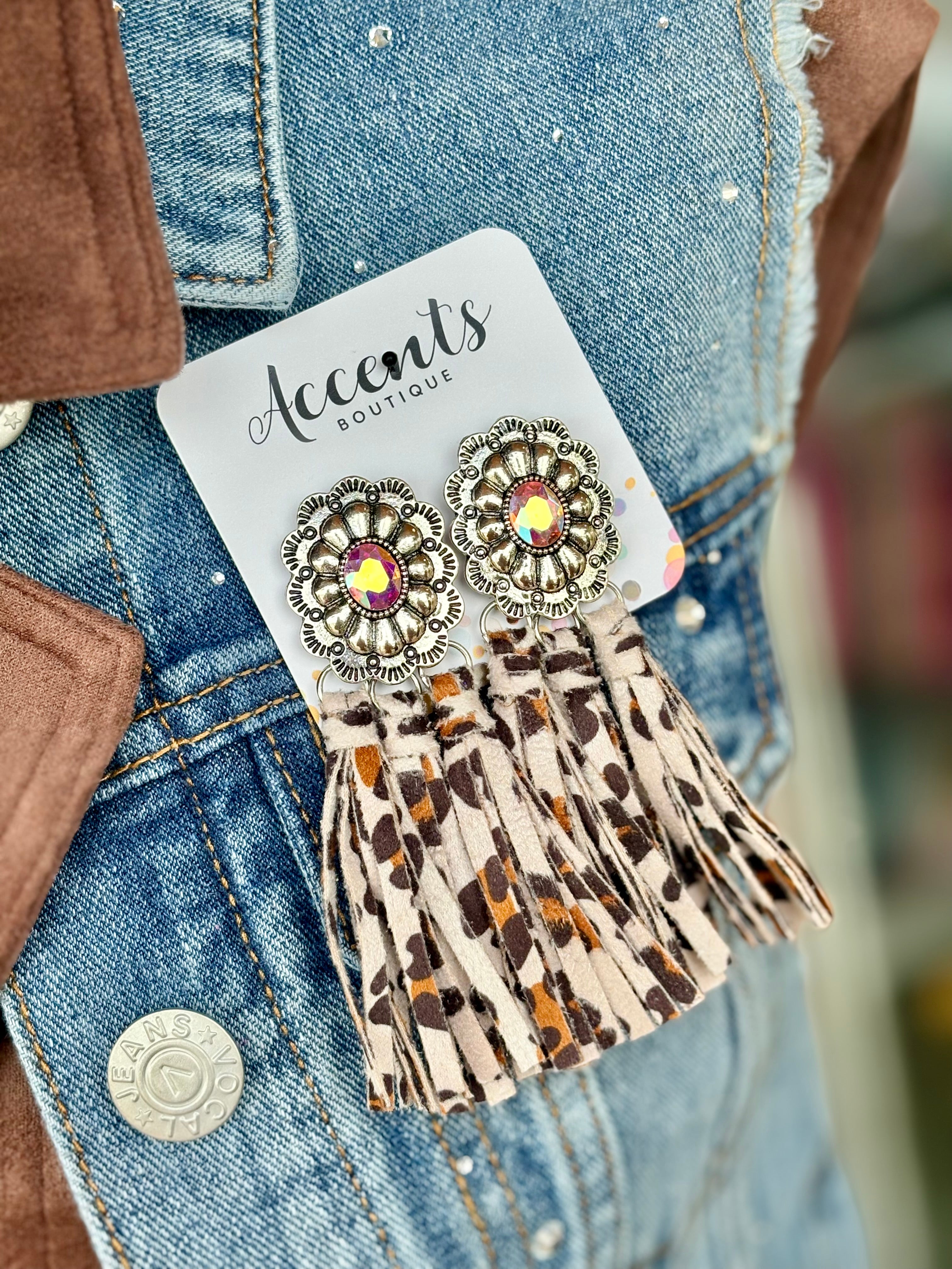 Leopard Concho Fringe Earrings