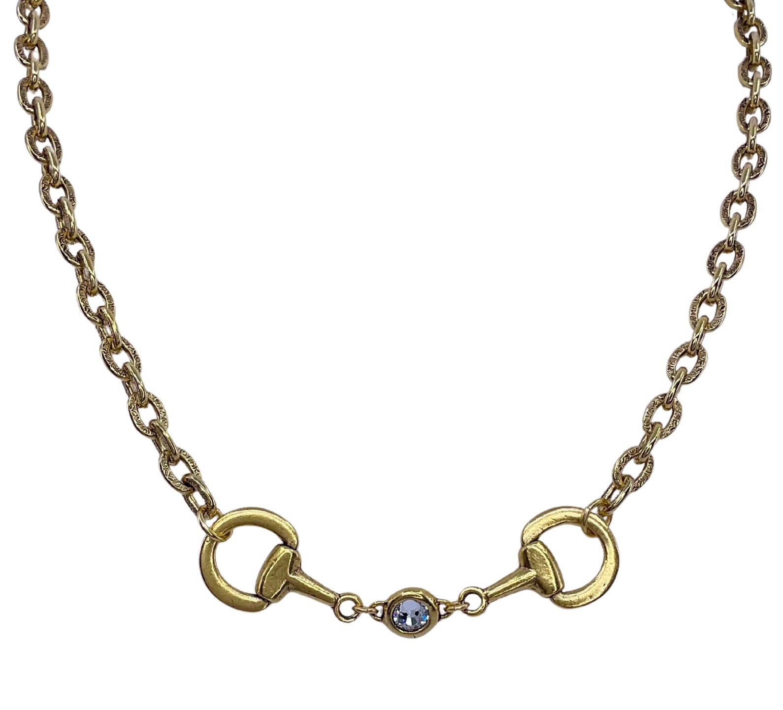 Vintage Gold Plated Reproduction Horse Bit And Crystal Necklace