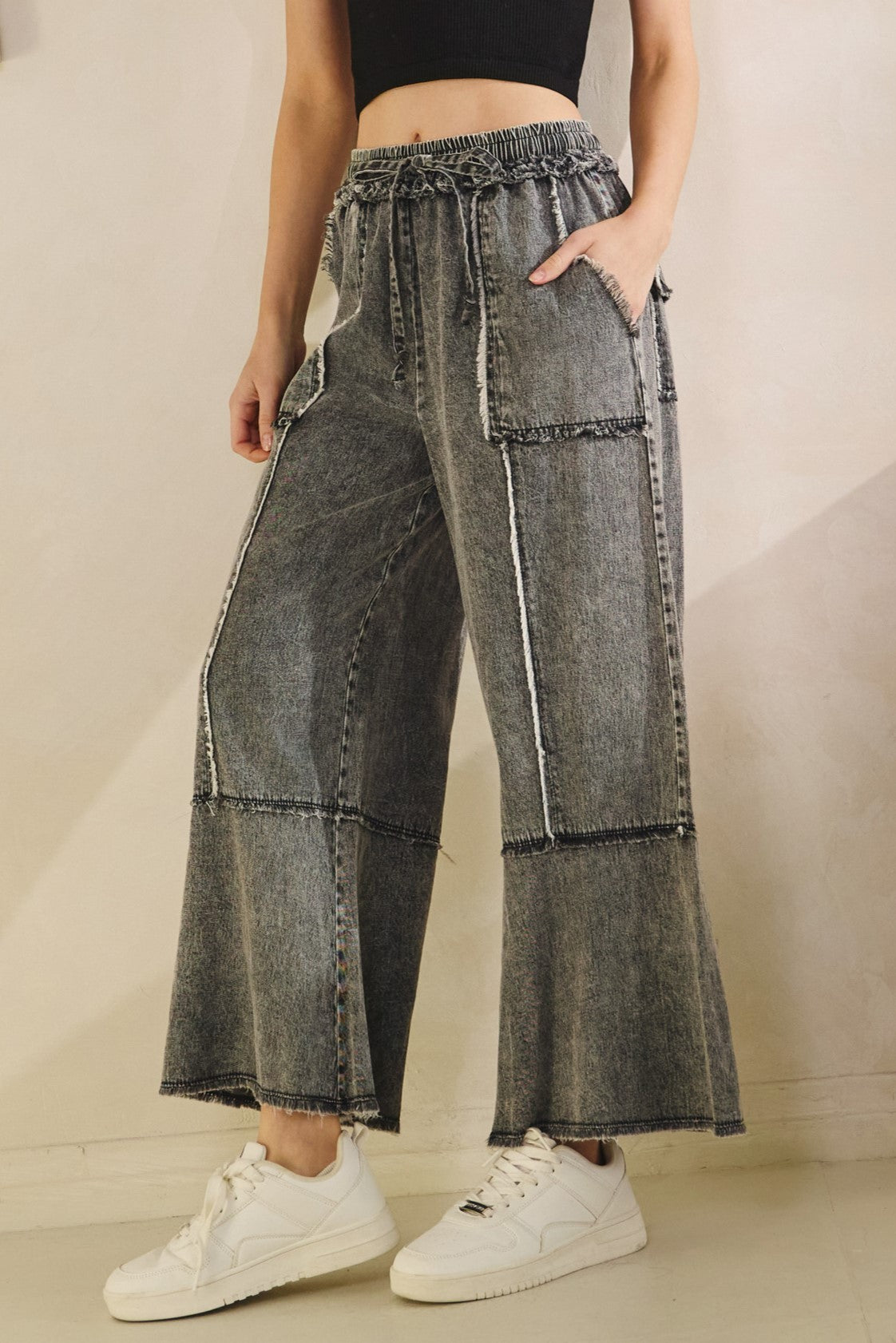 Mineral Washed Denim Pants-Black