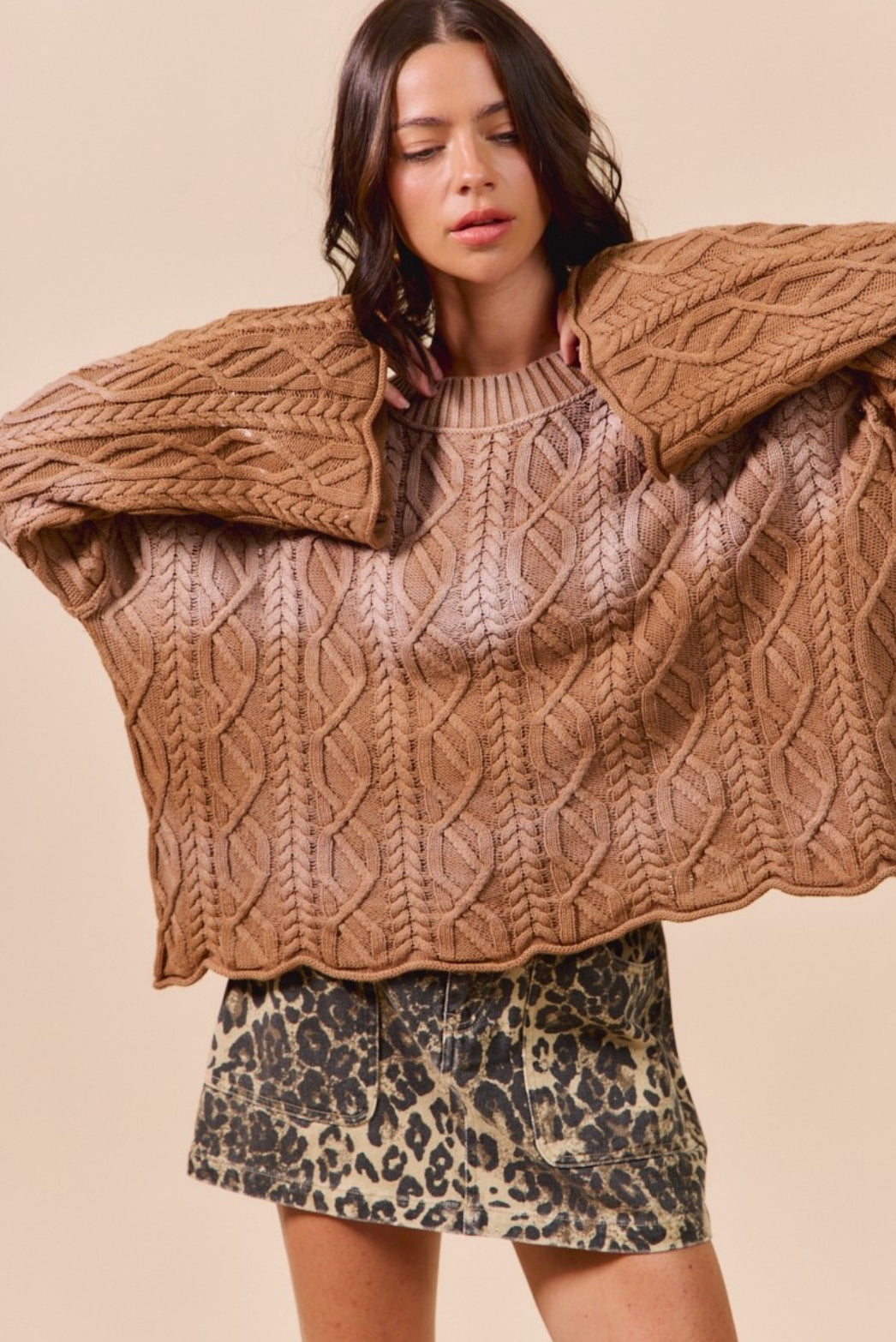 Brown Oversized Acid Washed Cable Knit Sweater Top